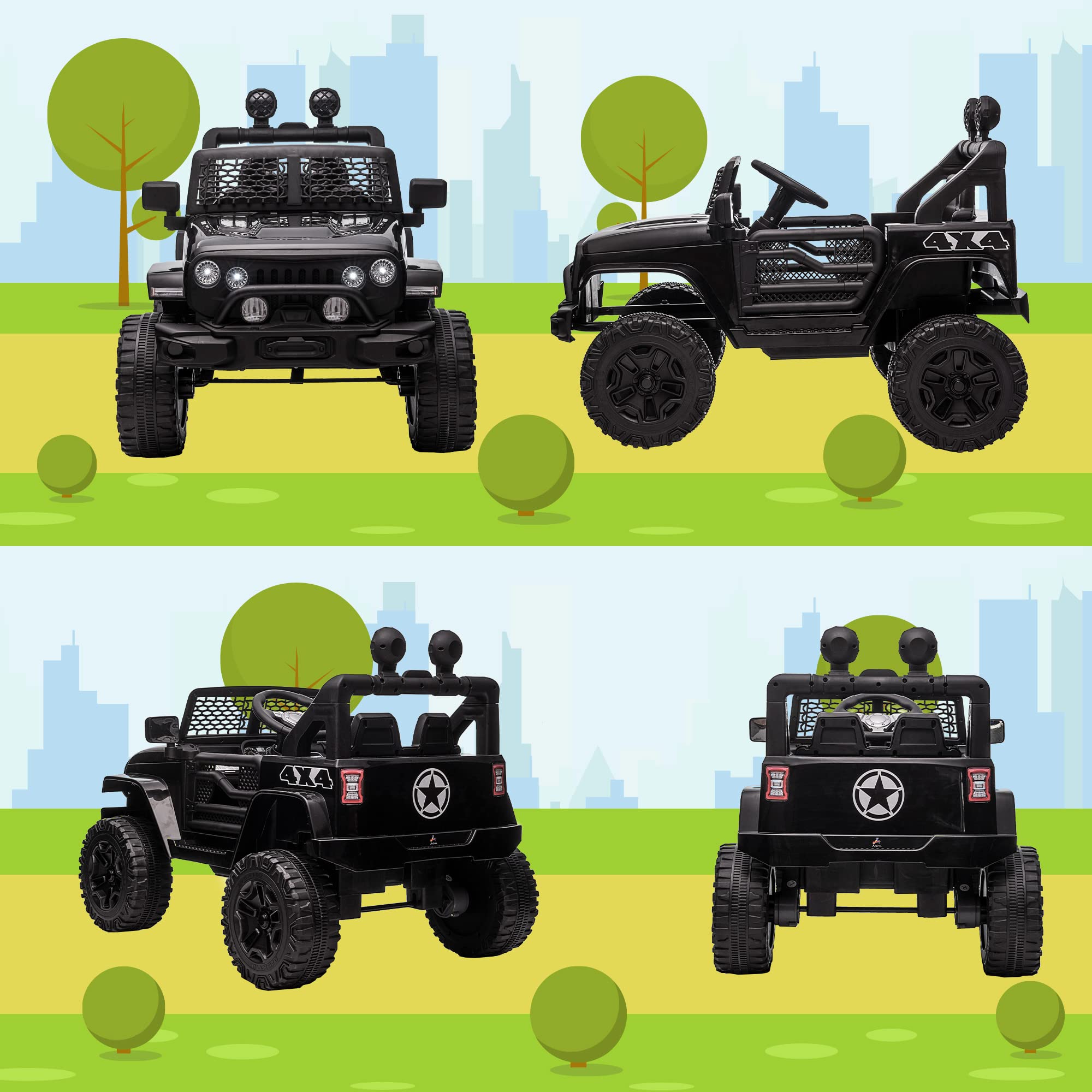 HOMCOM Voiture Électrique Enfant 4x4 12V avec Phare et Klaxon à Distance 3-6 Ans Noir