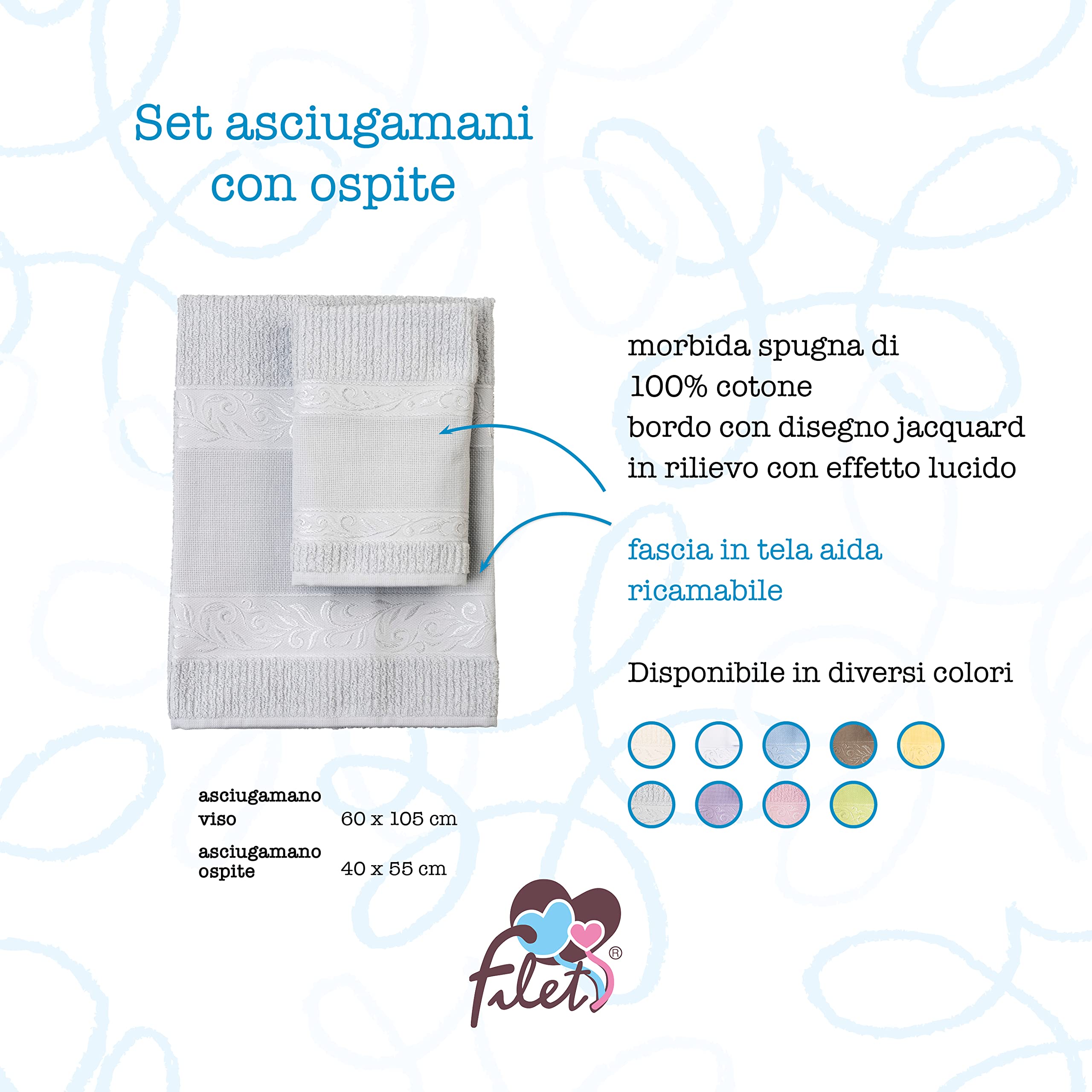 Filet - Set Toallas con Invitado con Inserto en Tela Aida para Bordar, Realizado en Esponja de 100% Algodón, Suave y Absorbente, Delicado sobre la Piel, 100% Made in Italy, Tinta Unita, Color Gris