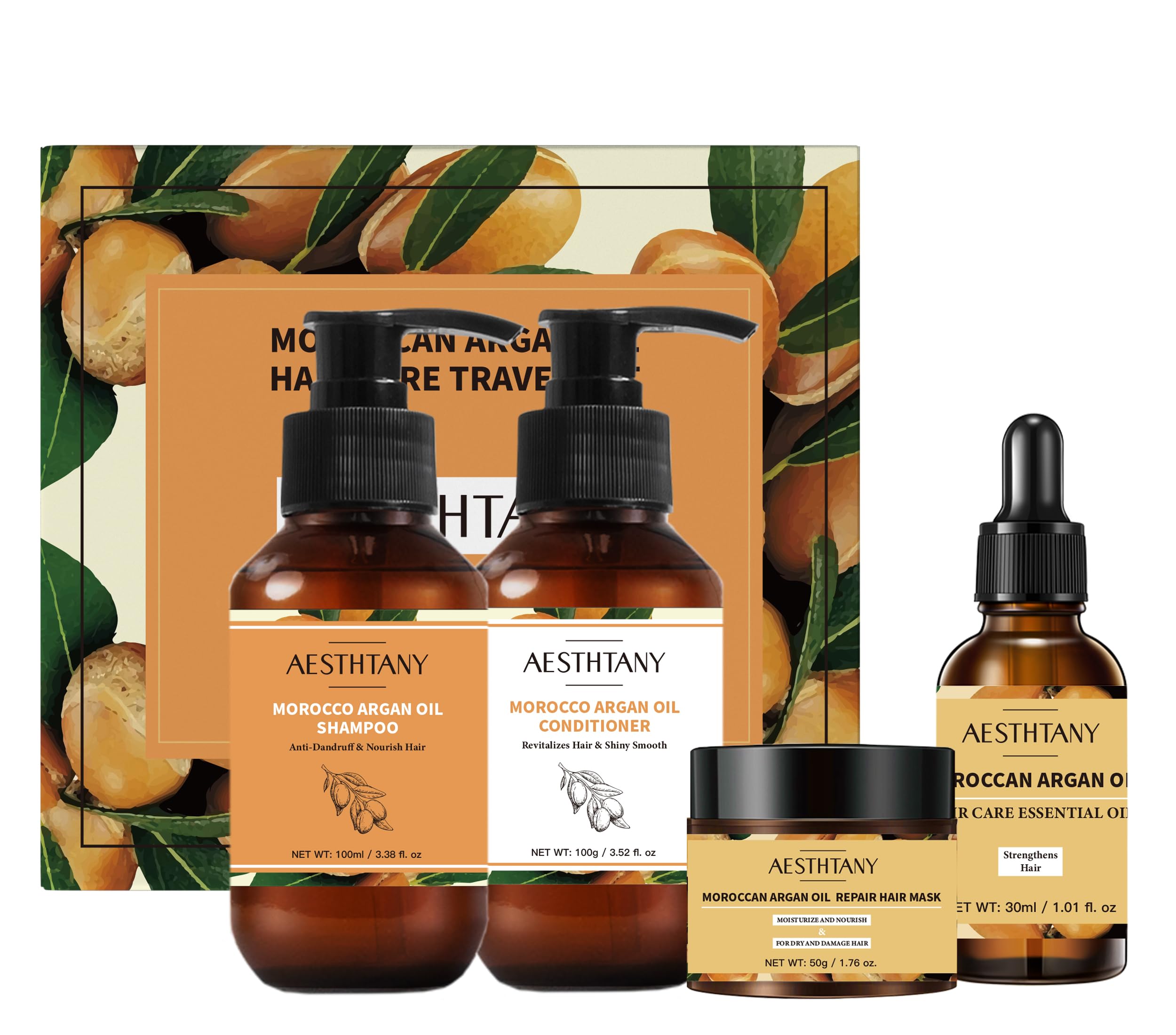Morocco Argan Oil Hair Care Travel Kit Rich Moisture Shampoo & Conditioner + Repair Hair Mask + Hair Care Essential Oil(4 Piece Set)