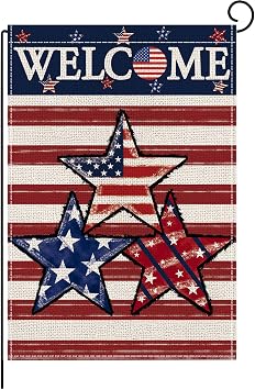 4th of July Garden Flag Independence Day Welcome Garden Flag for Outside Double Sided Patriotic American Stars and Stripes Blue Red Star Memorial Day Decorations Linen Yard Flag 12x18"