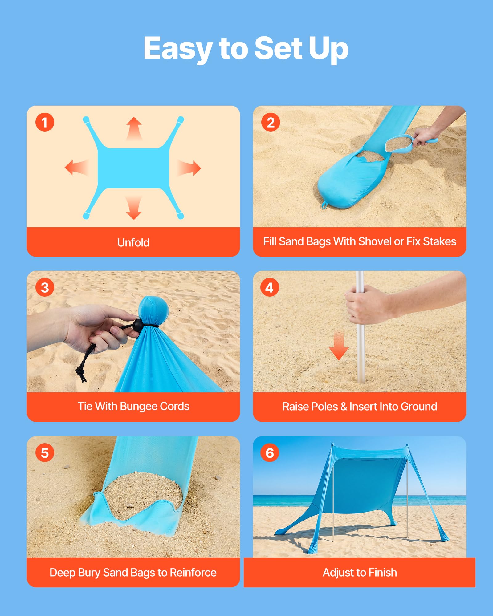 VEVOR Tenda Parasole Portatile da Spiaggia per Esterno Protezione Solare UPF50+ 2,3 x 2,3 x 2 m, Parasole da Spiaggia con Pali di Supporto Tenda Portatile per Campeggio Viaggio Pesca, Blu