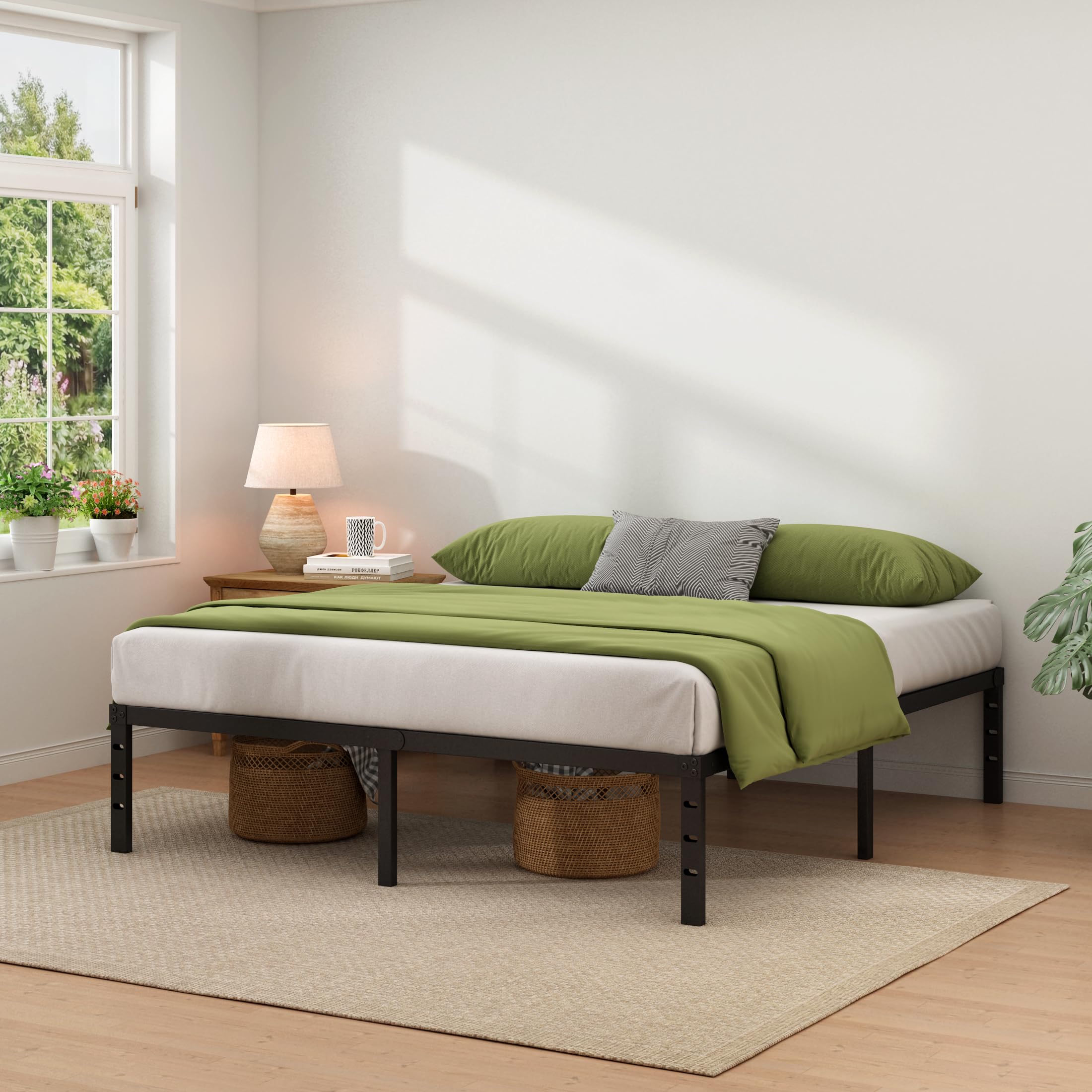 new jeto metal bed frame,king size bed frame with storage space,heavy duty sturdy mattress foundation,easy assembly,no box spring needed, black,14 inch,king, bedroom furniture
