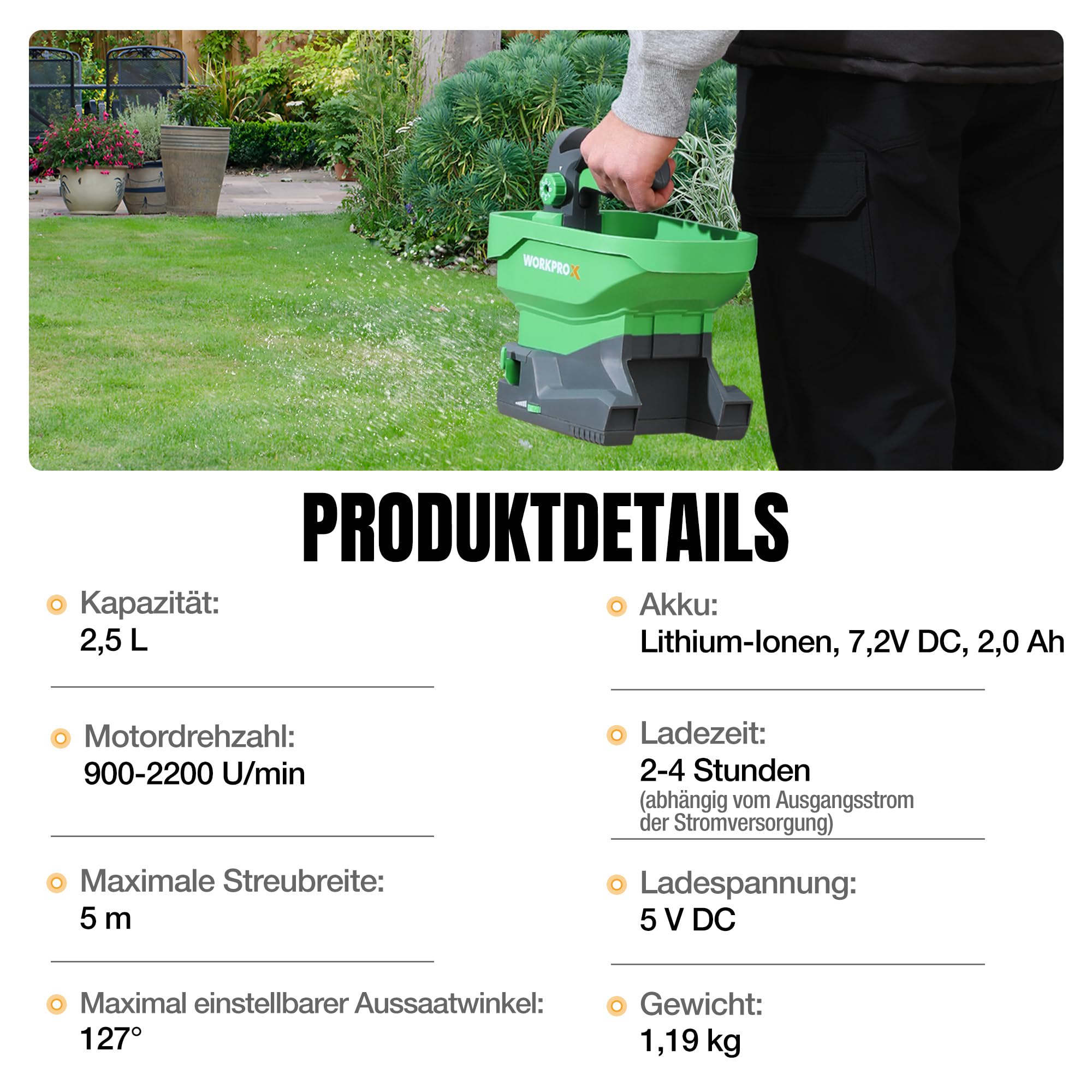 WORKPRO Akku Düngerstreuer 7,2V, Handstreuer für Rasendünger mit 2,5 L Behälter, 8-stufige Streumengenregelung, Streuwinkel bis 127°, deckt bis zu 600 m² Saatfläche, Kabellos & Tragbar