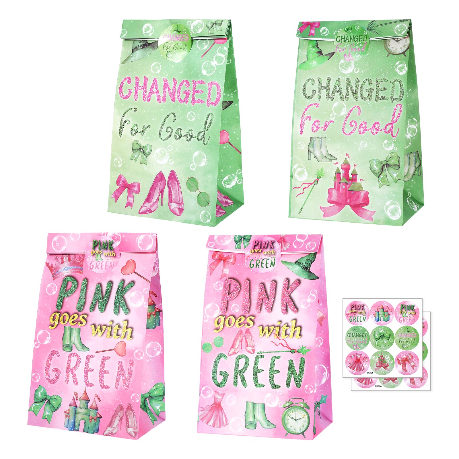 12 PCS Green and Pink Paper Party Bags for Kids Party,Witch Themed Kraft Paper Bag,Flat Bottom Gift Bags for Kids with 18 Two-Colour Sealing Stickers,8.66" × 4.72" × 3.15"