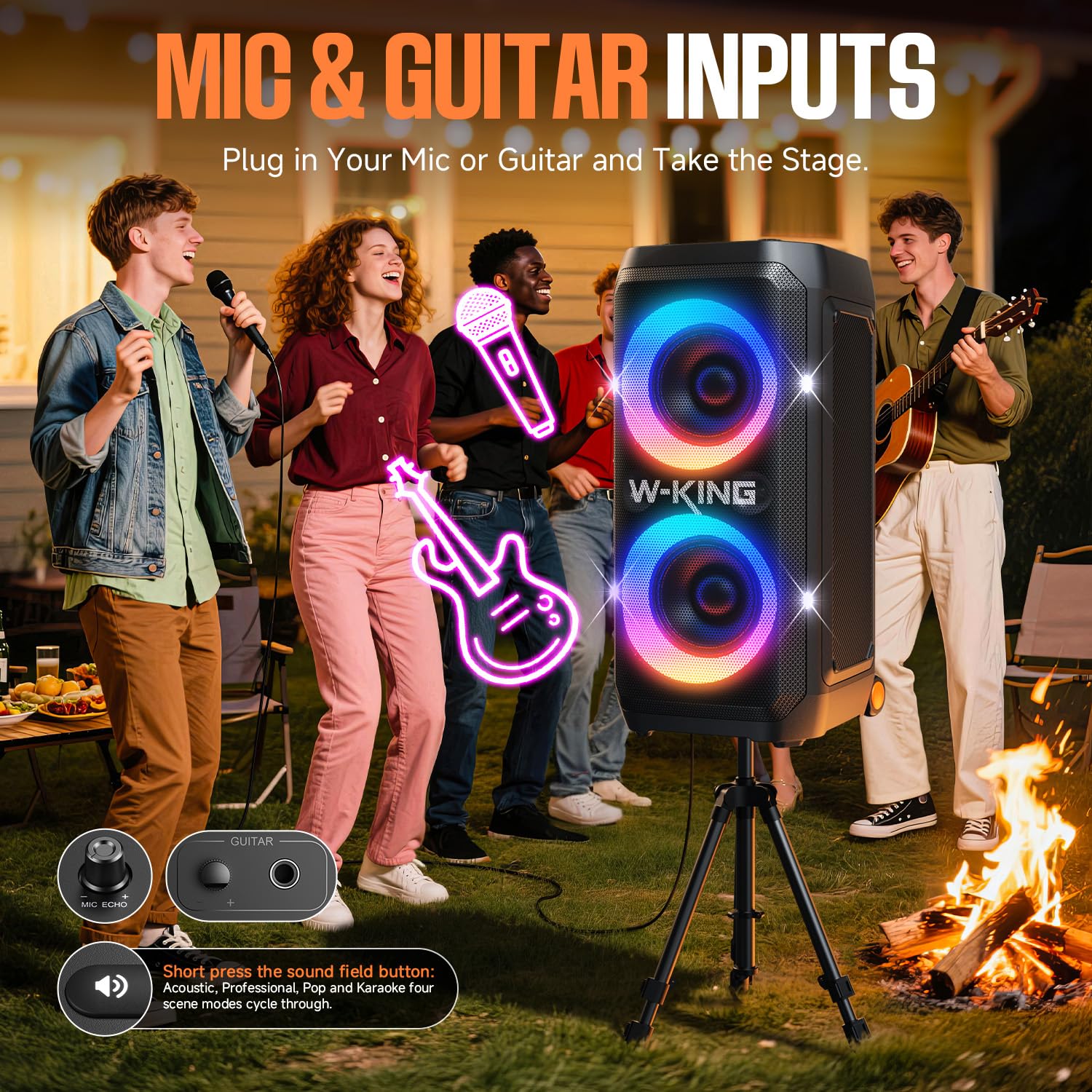 W-KING Tragbare Bluetooth-Lautsprecher-Box mit 370W MAX Pro Sound, Lichtshow, CSB, Bass Boost, Rollen und Teleskopgriff, 25H Laufzeit, Schnellladung, MIC&Guitar in,Party Lautsprecher für innen&außen