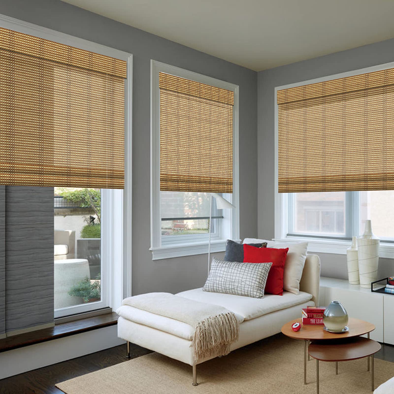 Letau Wood Cordless Roman Shades Blinds, Bamboo Window Blinds for Indoor Home, Kitchen, Office, Pattern 6