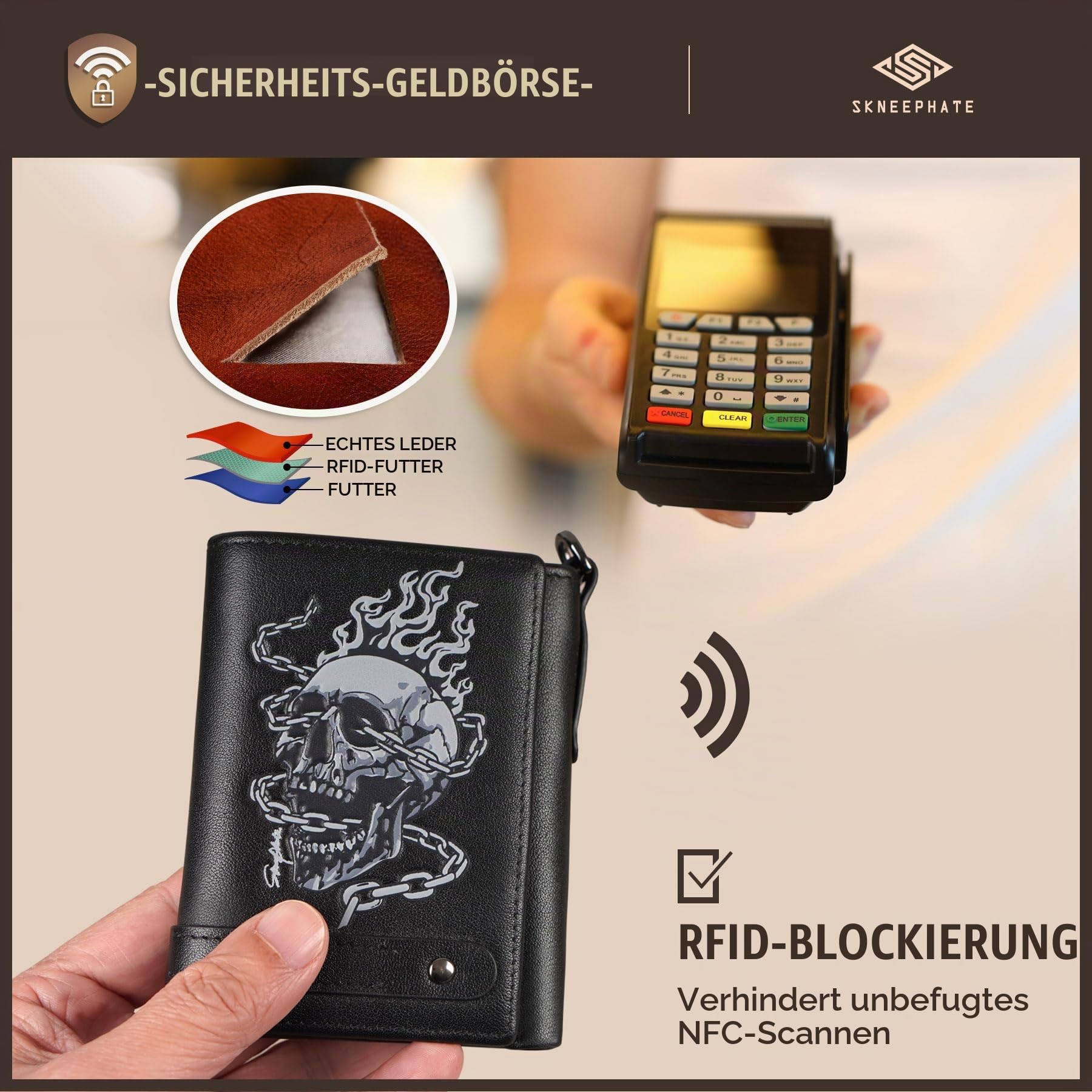 Leder Biker Geldbörse Herren Mit Kette,Totenkopf Geldbeutel,Dreifach Gefaltete Geldtasche,Skull Wallets for Men,Portmonee RFID-Schutz,Geschenkidee für Männer (Black)
