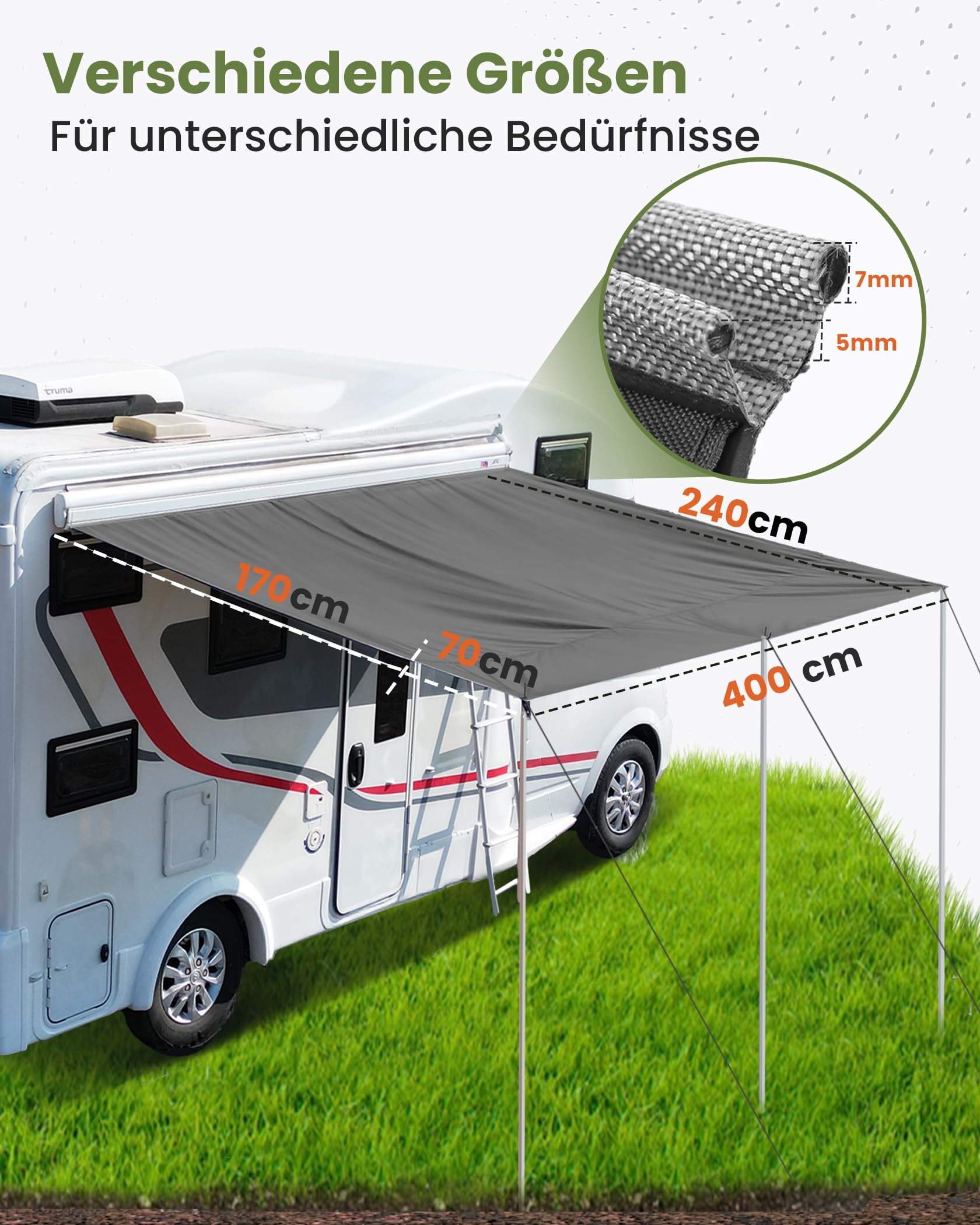 Toldo para caravana de 400 x 240 cm, toldo para caravanas con 2 refuerzos y 3 barras de aluminio, protección contra el agua de 5000 ml y protección solar UV 50+