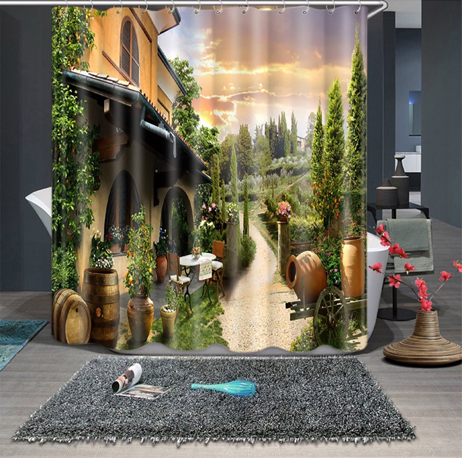 Rideau de douche japonais 200x180cm marron vert KnSam 120g décor village