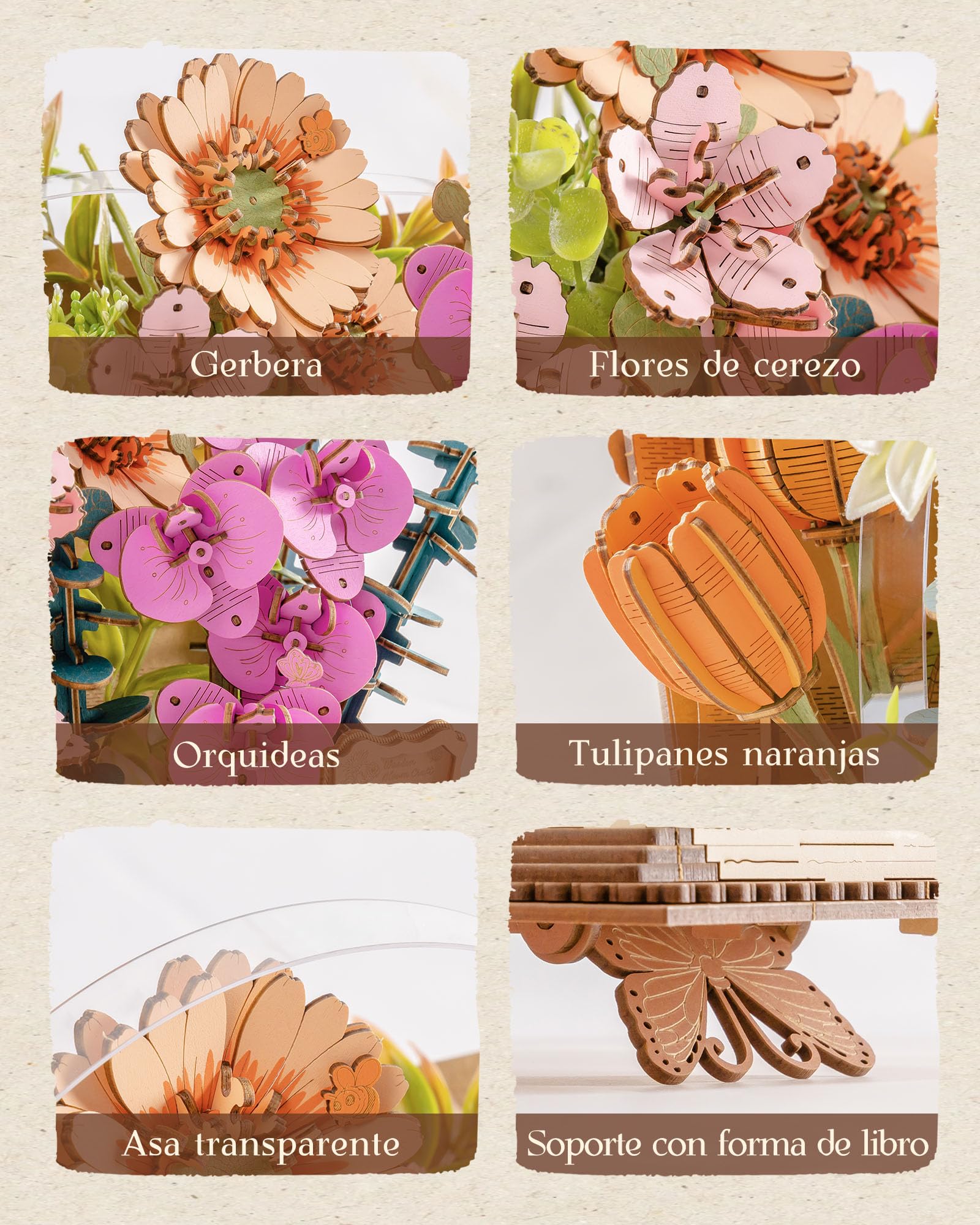 ROWOOD Rompecabezas de madera 3D con flores, libro de floración, ramo de flores DIY, kit de manualidades creativas para adultos, rompecabezas de flores de madera decorativas, regalo para mujeres y