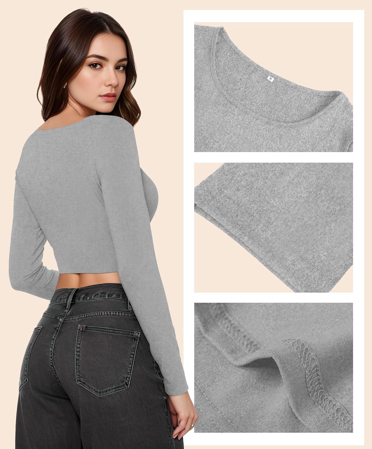 Womens Long Sleeve Crop Top Scoop Neck Sexy Slim Fitted Casual Base Layer Lightweight Soft Workout Shirt Going Out Tops - Image 4