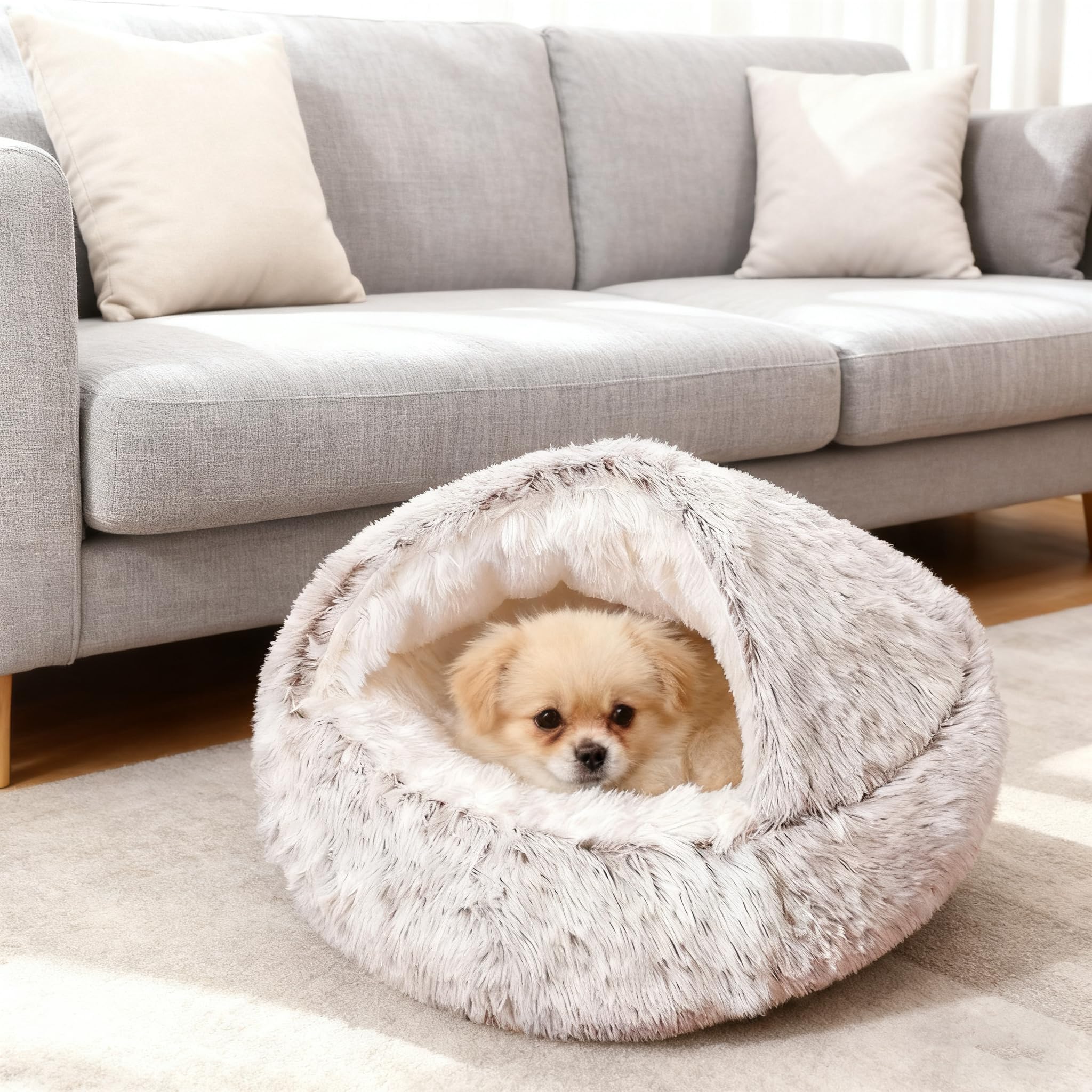 Cat Bed Plush Fluffy Hooded Cat Bed Cave, 2-in-1 Cozy for Indoor Cats or Small Dog beds with Cover, Doughnut Dog Bed, Machine Washable (Coffee, 50CM)