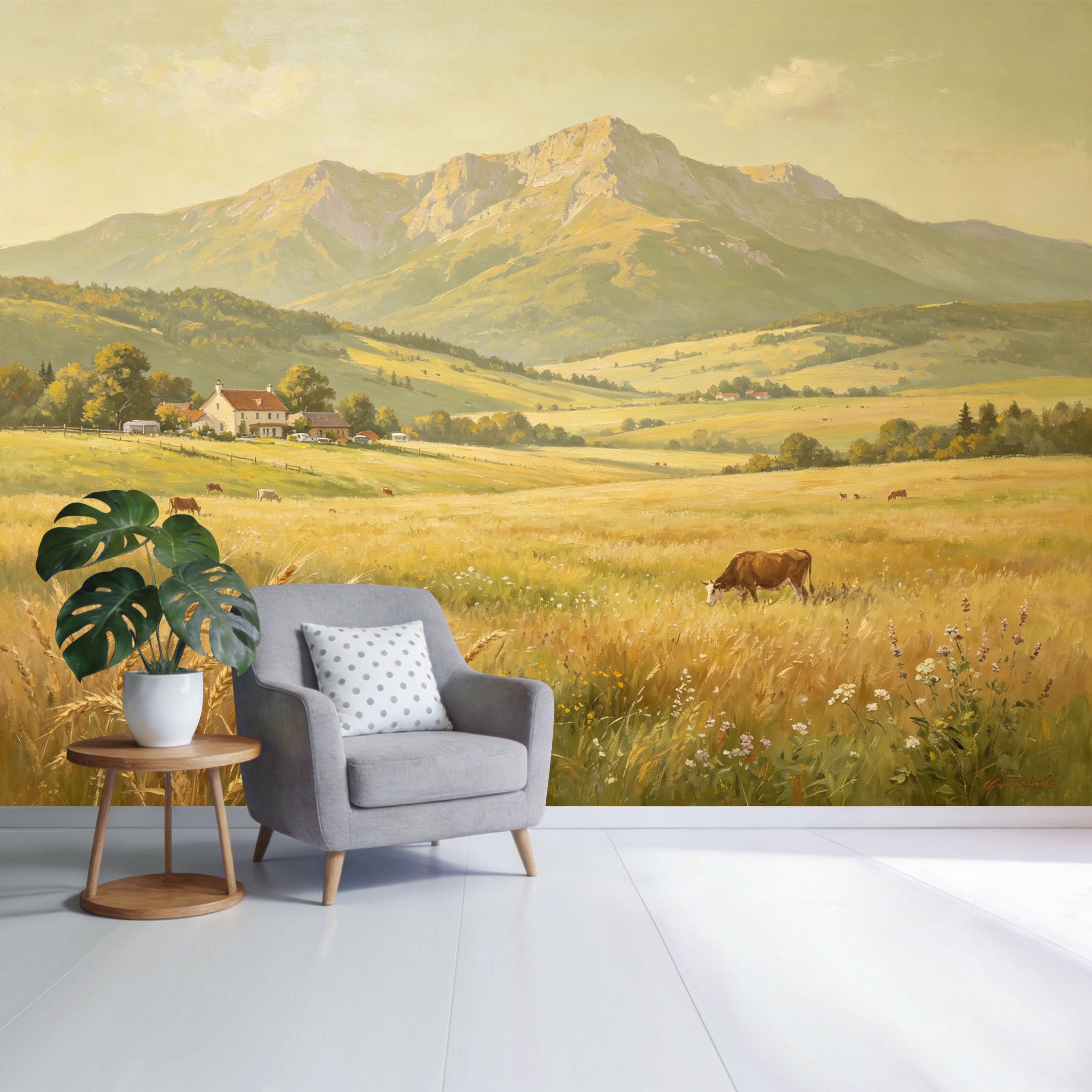 Custom Size Wall Mural Mountain Valley Farmhouse Landscape with Cows and Wheat Field Pastoral Countryside Oil Painting Style SelfAdhesive Wall Fabric Removable Wallpaper for Home Office