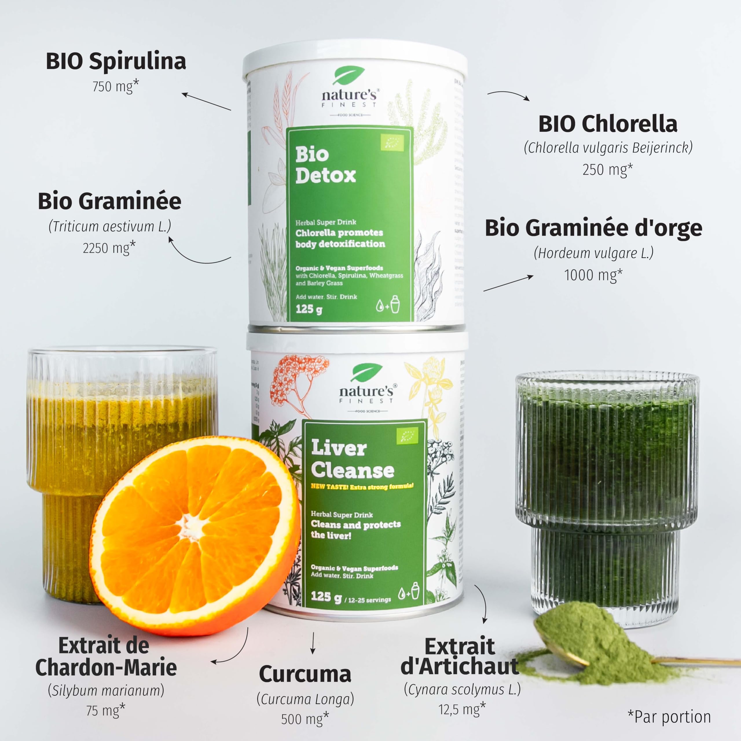 Nature's Finest Liver Cleanse + BIO Detox, Duo 250 g | Duo de boissons en poudre : Liver Cleanse orange (curcuma, chardon-Marie) et BIO Detox (5 superaliments verts bio)