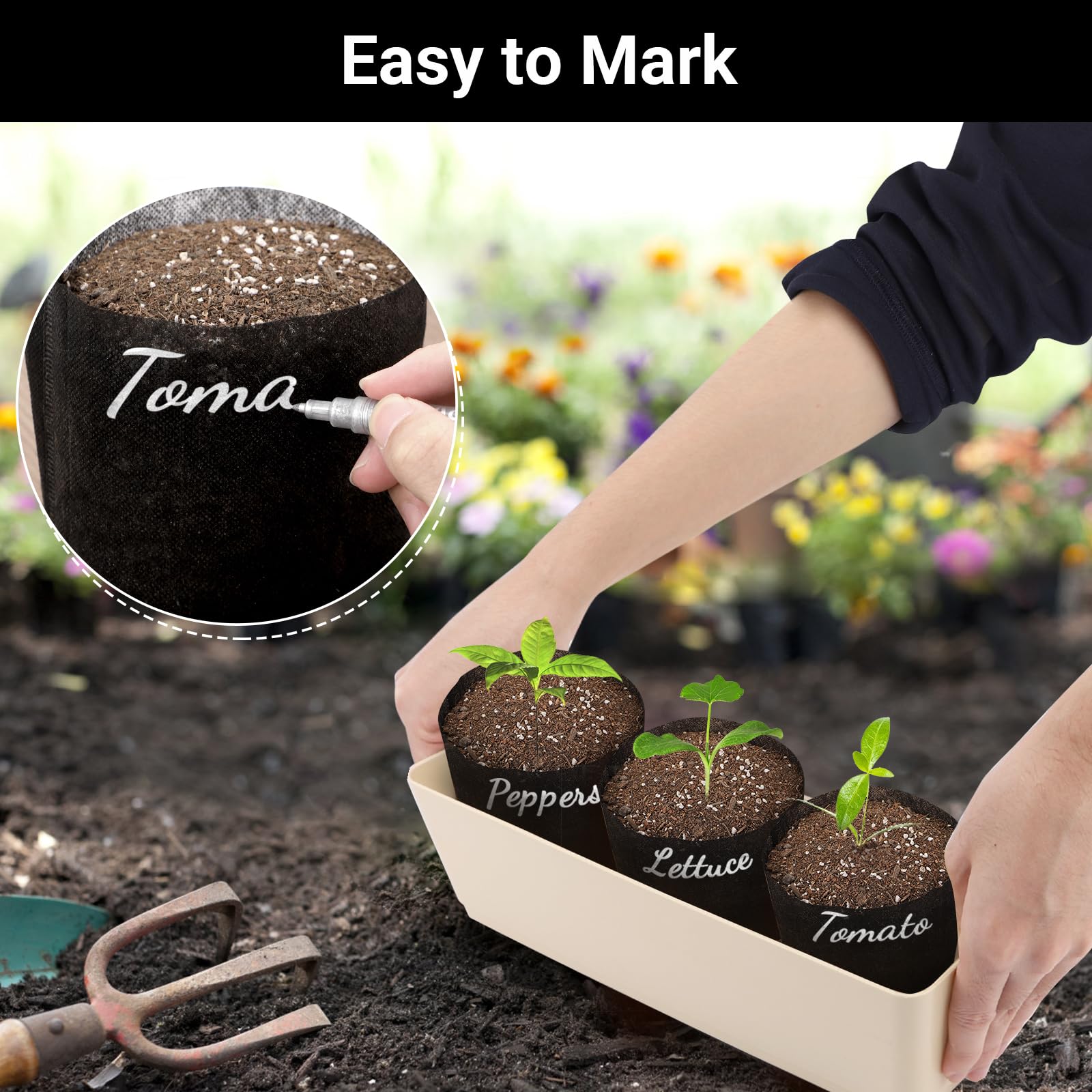 Bolsas de cultivo de plantas negras, paquete de 100 bolsas de cultivo de tela no tejida transpirable de 7.5 x 7.5 pulgadas, bolsas de vivero, bolsas de plantas para plantar macetas de 1 galón,