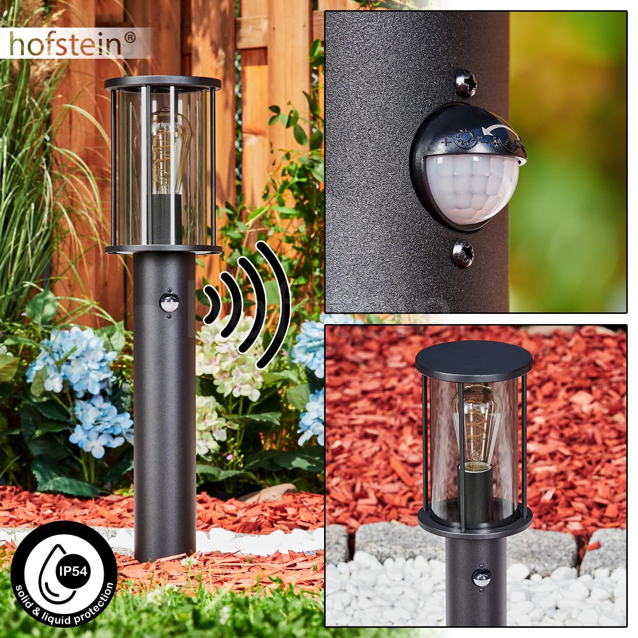 Oprawa zewnętrzna Sumalao z czujnikiem ruchu, podstawa metalowa/szklana w kolorze czarnym/dymnym, oświetlenie ścieżki 60 cm, IP54, 1 x E27, bez żarówki