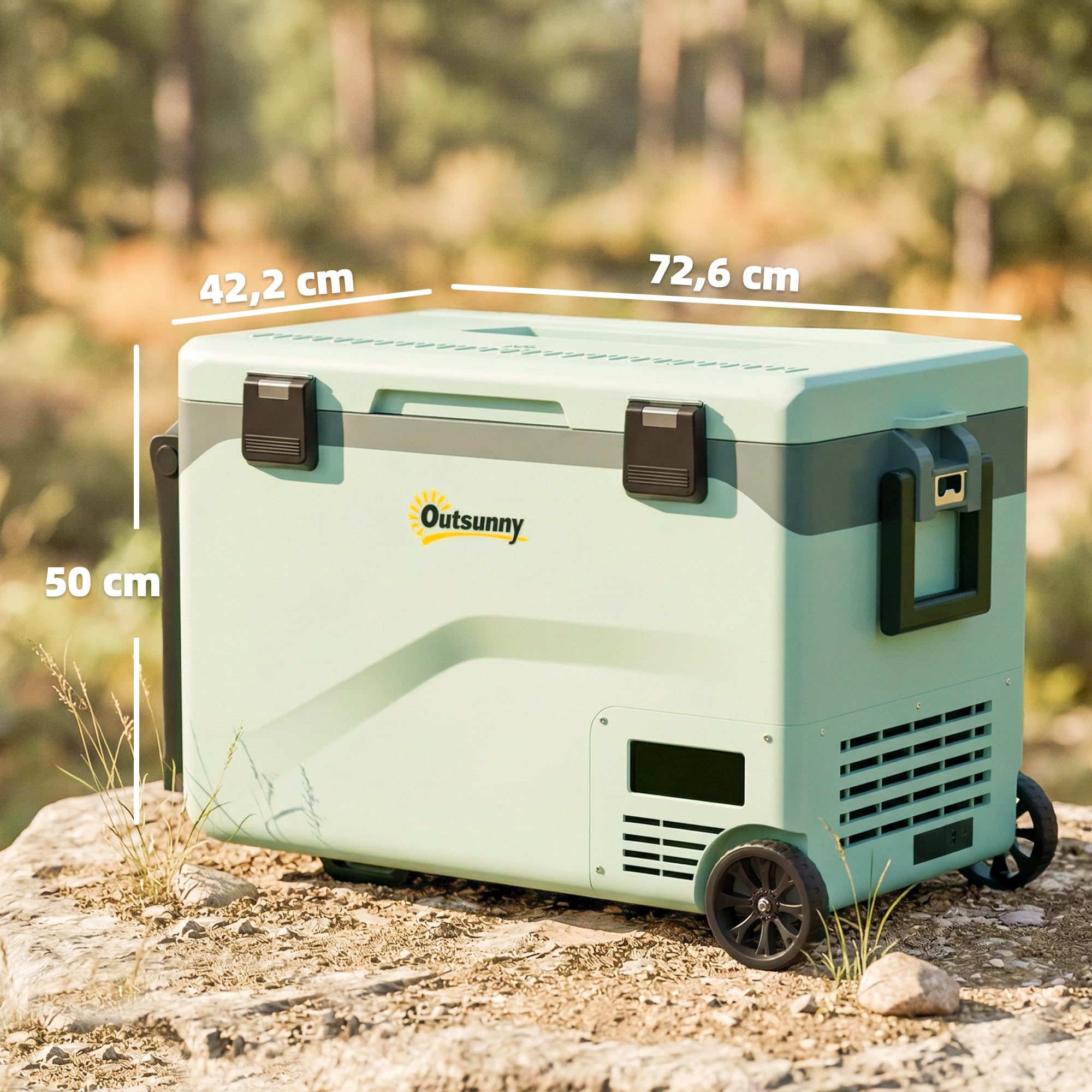 Outsunny Réfrigérateur de Voiture à Compression 42,5 L avec Contrôle via Application, Glacière Électrique Portable avec Roues et Poignée, 12V/240V, -20 °C à 20 °C, Camion, Camping-car, Bateau, Vert