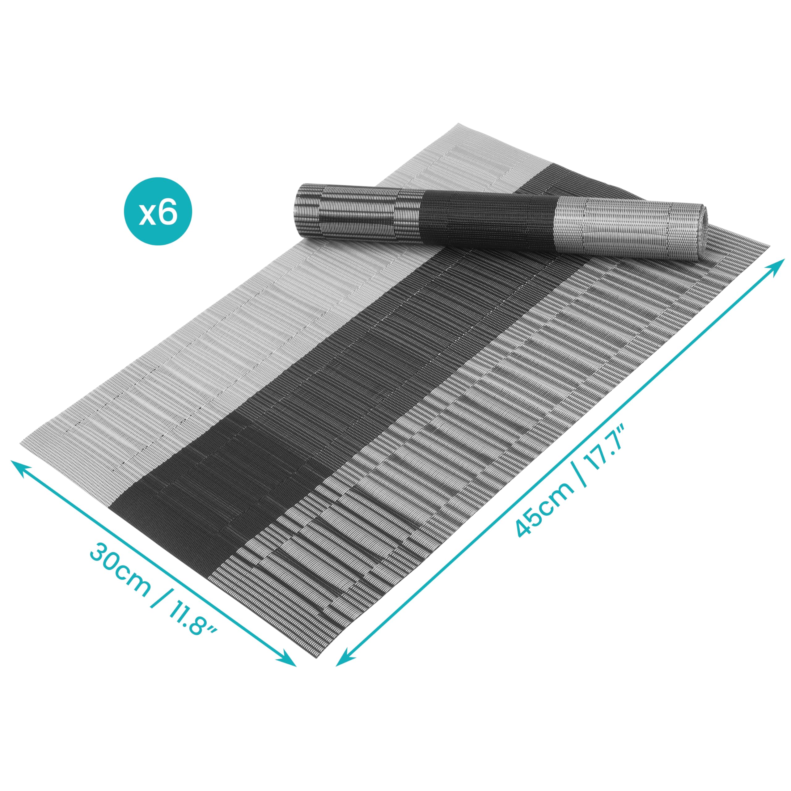 Belle Vous 6 Pack of Grey & Black Placemats, PVC Non-Slip, Tear-Resistant & Washable Place Mats, Easy To Clean - Image 2