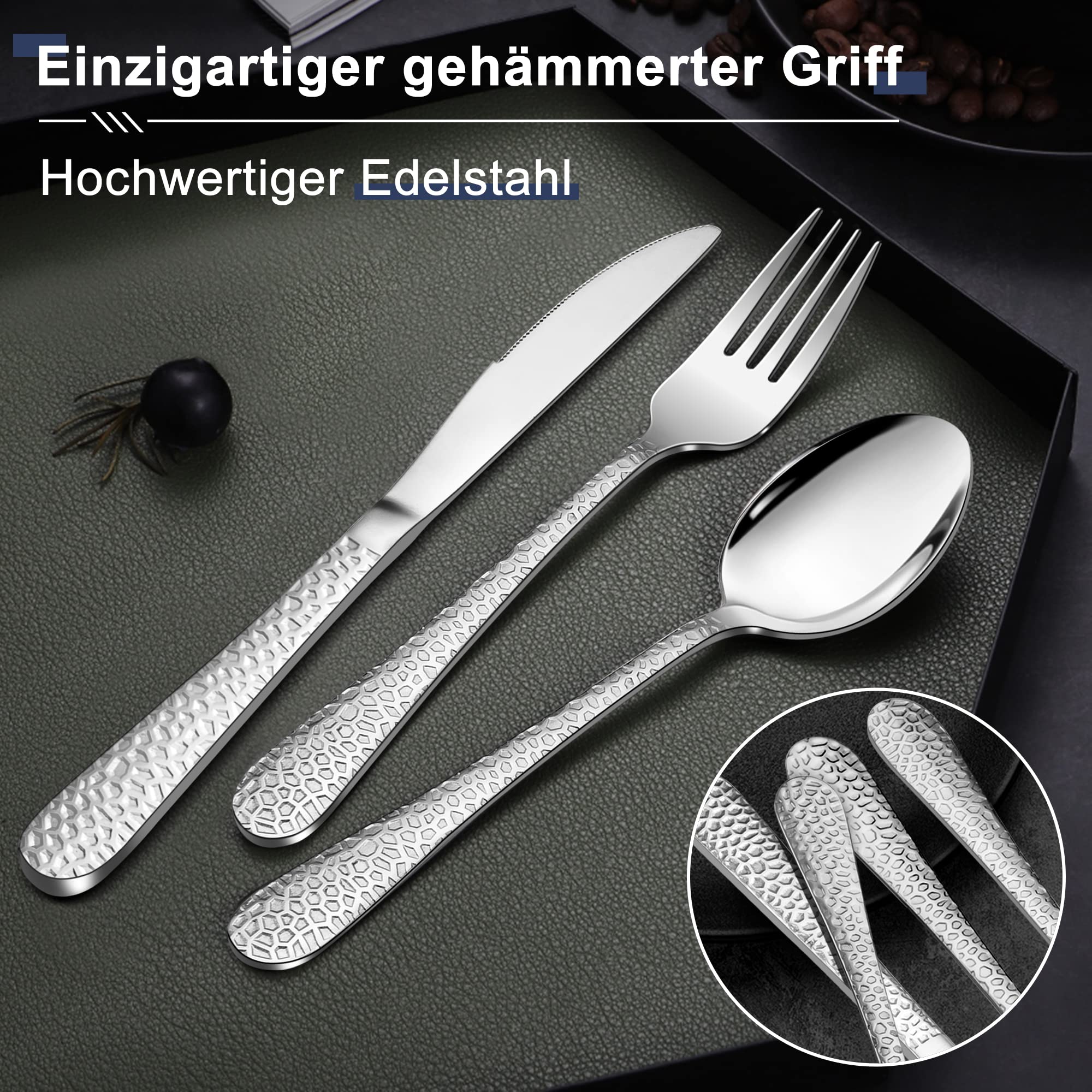 HaWare Juego de cubiertos de acero inoxidable de 72 piezas con cuchillo de carne para 12 personas, moderno juego de cubiertos con mango de martillo, cuchillo, tenedor y cuchara, para casa/restaurante,