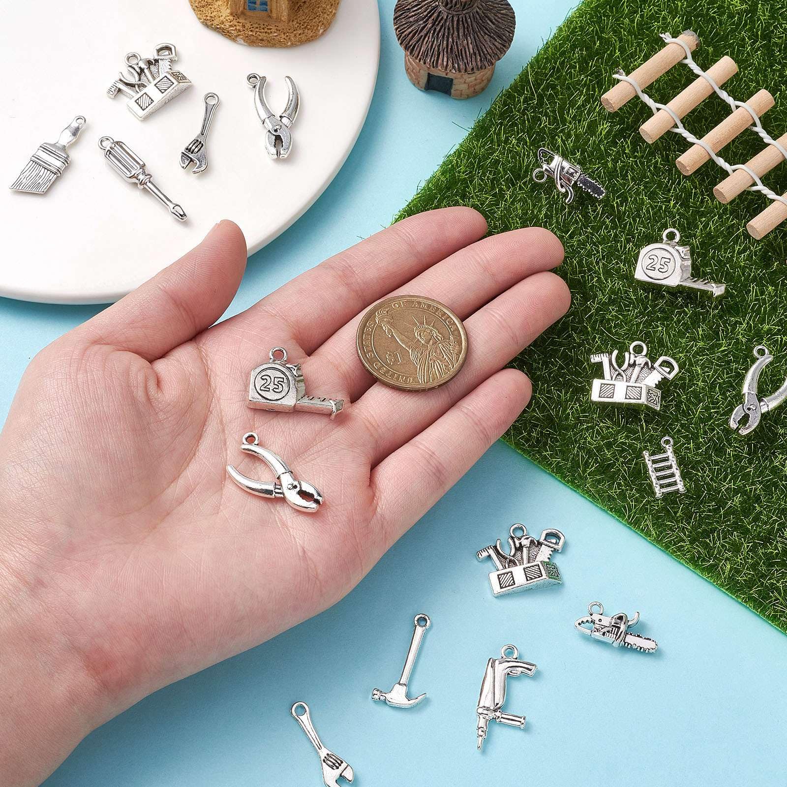 UR URLIFEHALL 50 Pcs 10 Styles Tibetan Builders Theme Charms Antique Silver Pliers Screwdriver Hammer Tool Charms for DIY Jewellery Making - Image 3