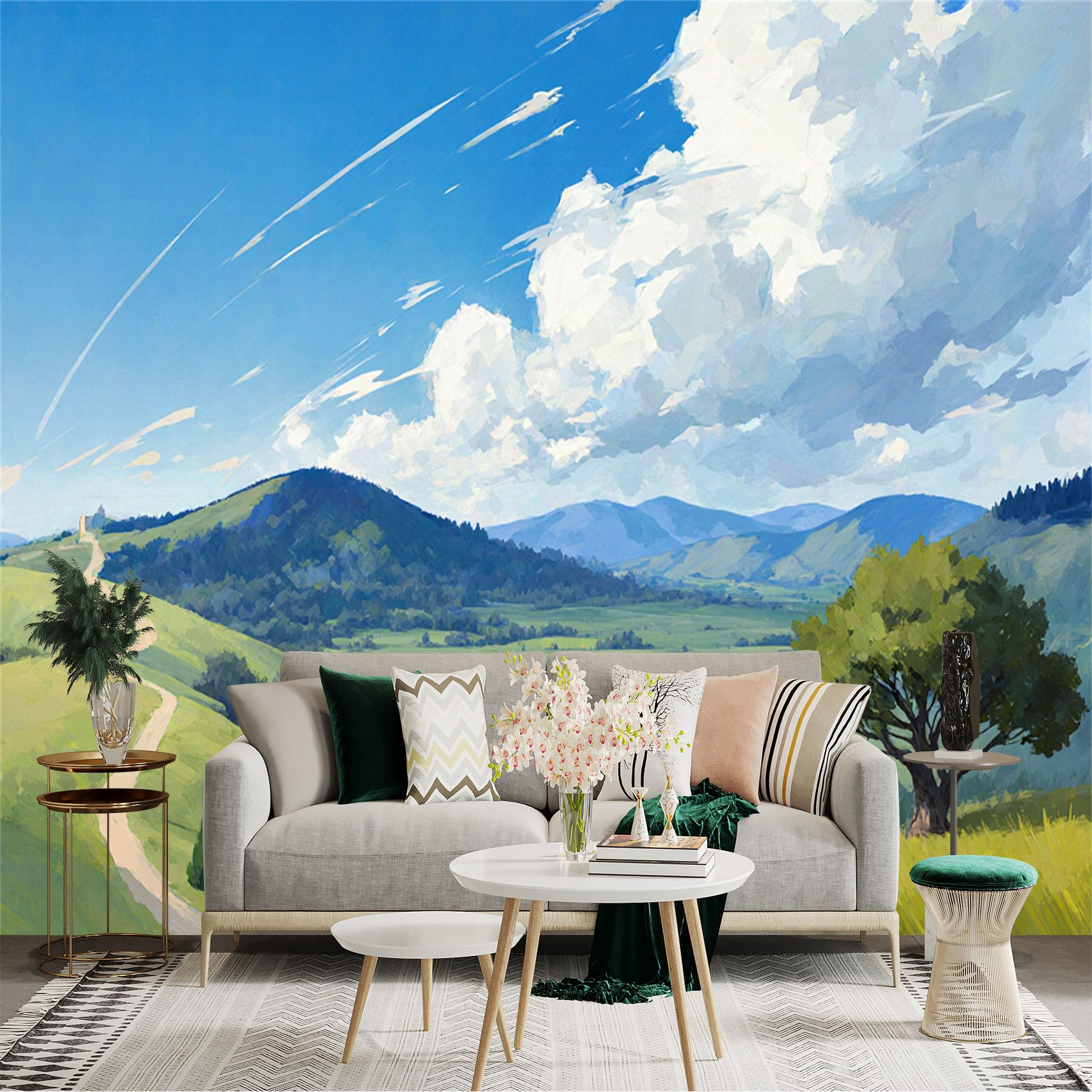 Lnzczhyre Xc260505400 Custom Size Wall Sticker Mural， Scenic Green Valley， Rolling Hills With Blue Sky， Summer Landscape Scenery， For Wall Decoration， Peelandstick Wall Decals.