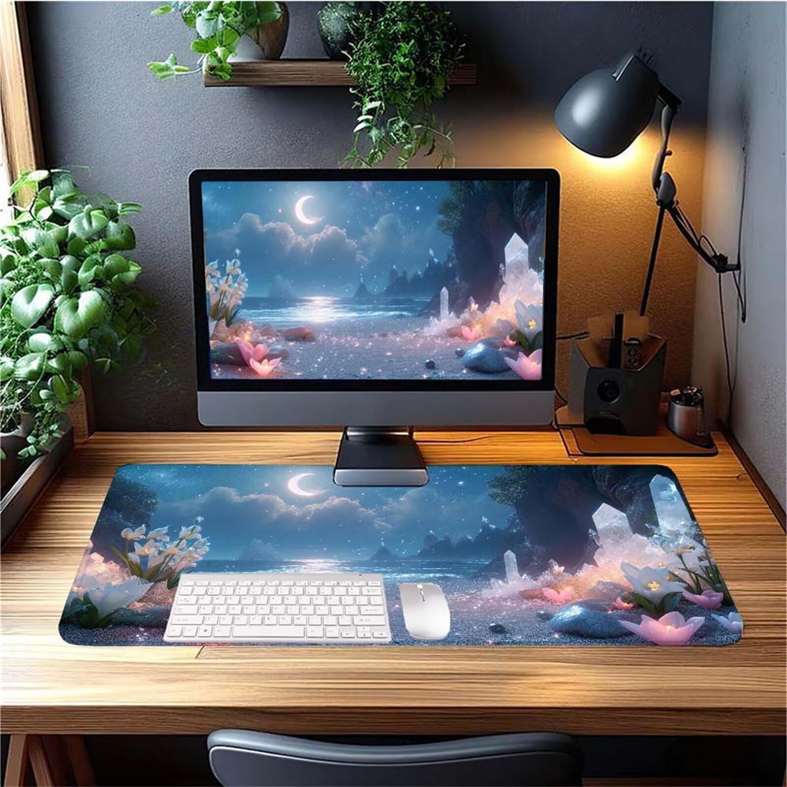 Alfombrilla Ratón Luna Océano Alfombrilla Ratón XXL 1400x600x3mm Mouse Pad Resiste Salpicaduras, Extendida de Gran Tamaño con Bordes Cosidos, Mejora Precisión y Velocidad,Antideslizante,Duradera y-467