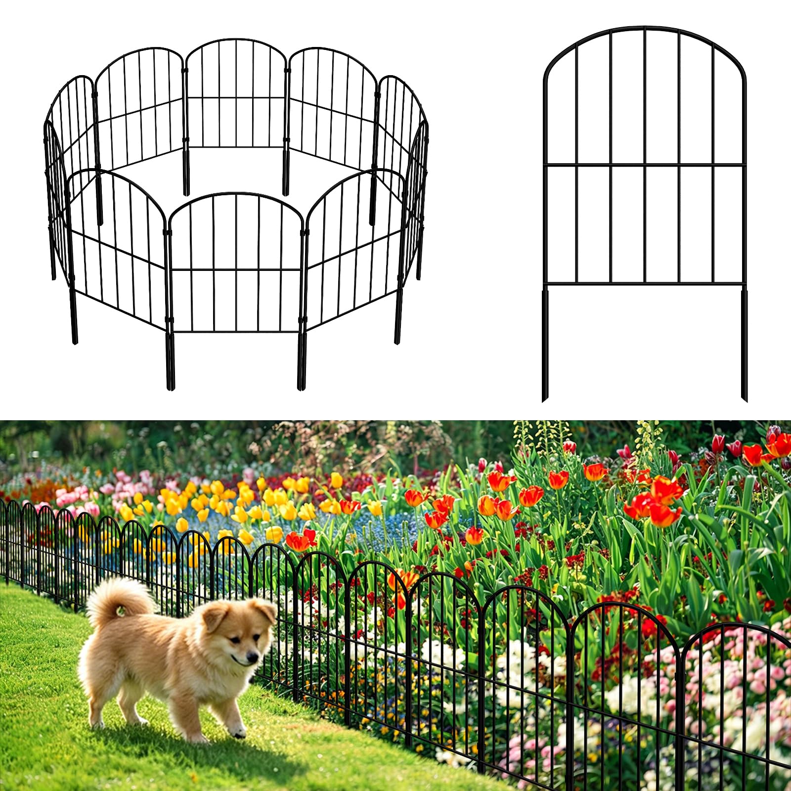 Decorative Garden Fence 33cm(W) × 61cm(H), Metal Animal Barrier Fencing, No Dig Picket Fence, Decorative Fences Borders Edging for Dogs,Yard, Patio,Flower Bed 10 Pcs
