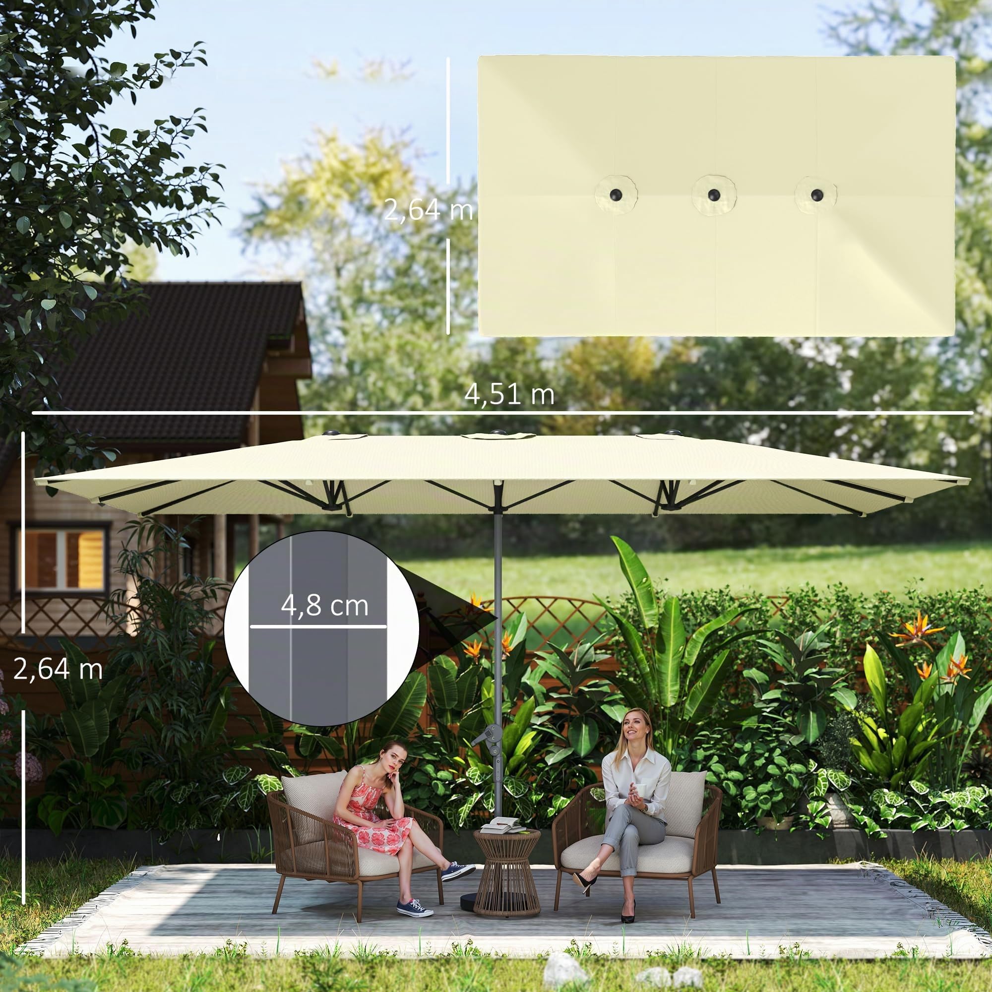 Outsunny Sombrilla Doble 4,5x2,6 m con Poste de Aluminio y Manivela Crema | Impermeable, Protección UV50+, Sombrilla Jardín Exterior, Parasol Grande para Playa Piscina Terraza