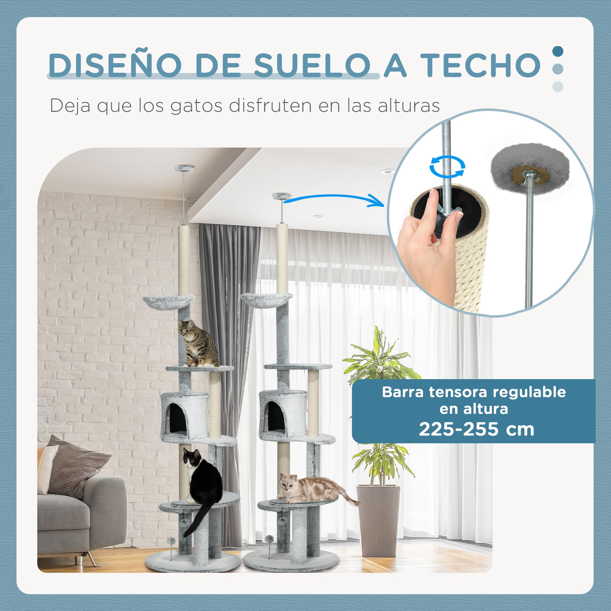 Árbol Rascador Para Gatos De Techo A Suelo PawHut - 225-255 Cm Con Cueva, Hamaca Y Pelota