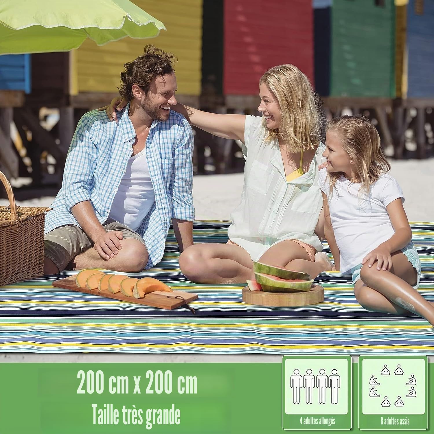 LATERN Grande Couverture de Pique-Nique, 200CM x 200CM Tapis de Pique-Nique Pliable Portatif Double Couche Imperméable Anti-Sable Couverture de Plage pour Plage Parc Camping Randonnée Famille Concerts