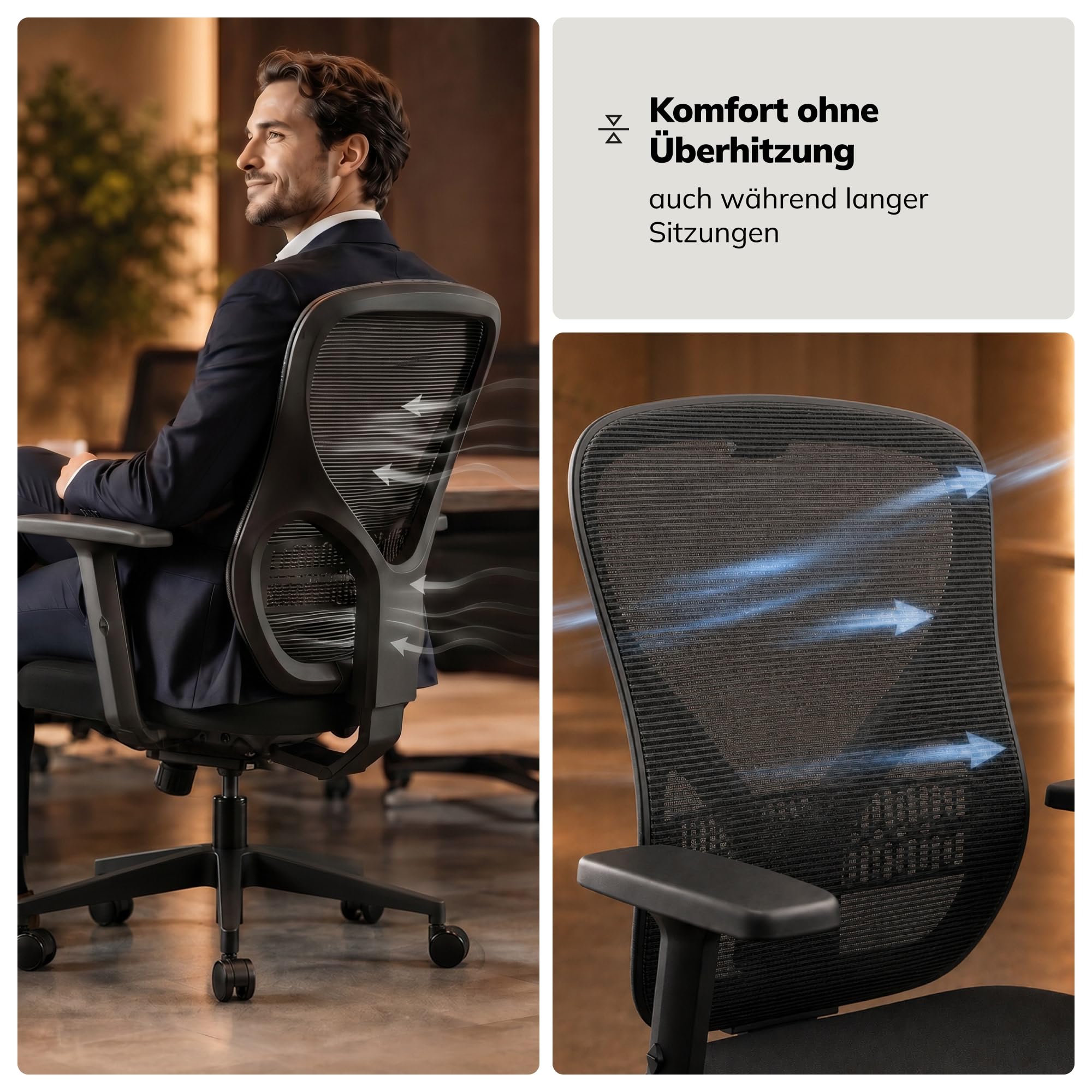 Jan Nowak Bürostuhl ergonomisch Schreibtischstuhl Netz 3D Armlehnen 130 kg | Drehstuhl, Computerstuhl mit Lordosenstütze, Wippmechanik mit 3 Arretierungen, breiter Sitzfläche, Rollen für Büro Homeoffice