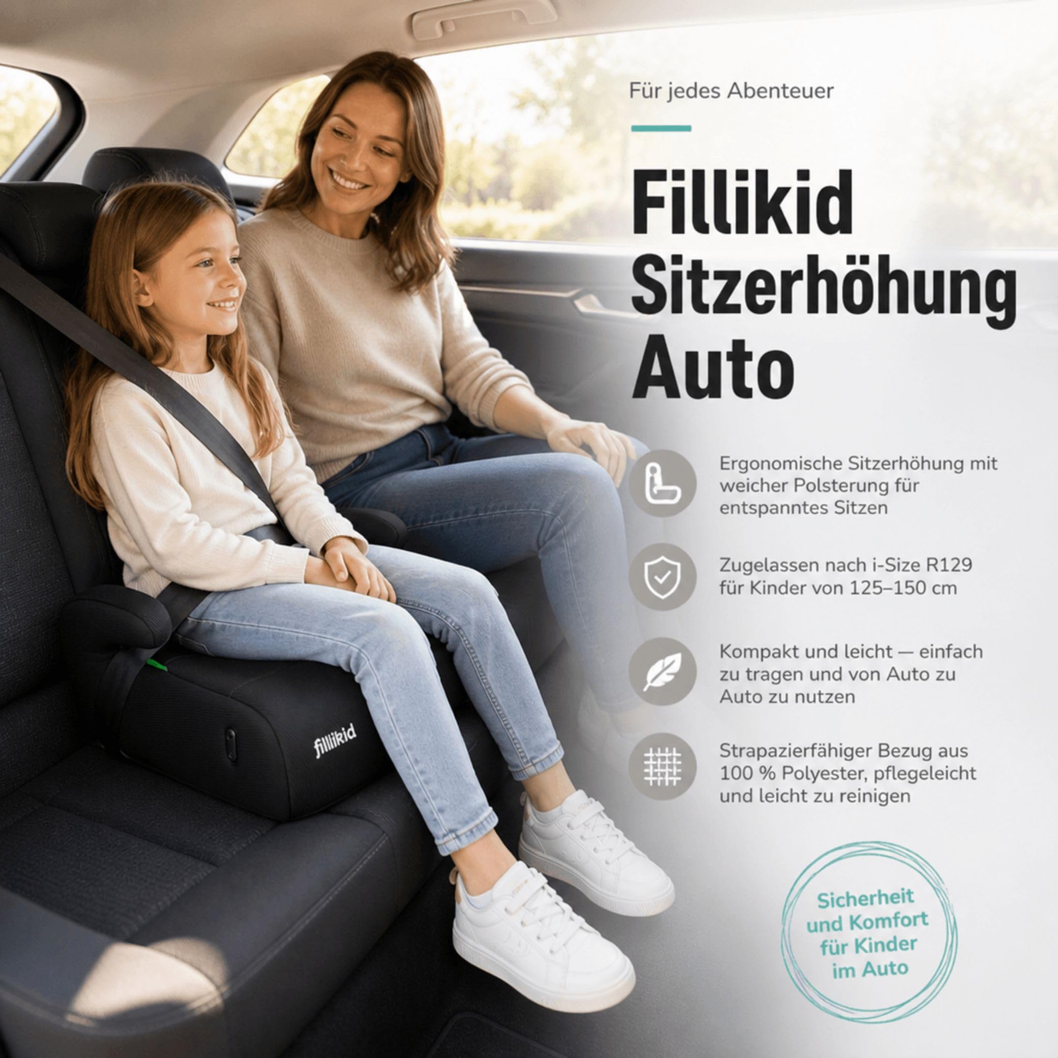 Fillikid Sitzerhöhung ERGO Exklusiv i-Size R129 (125-150 cm) | Ergonomische Kinder Sitzerhöhung mit weicher Polsterung | Kompakt & leicht, 21x40x35 cm | Sicherer Autositz Booster Seat | 125-150 cm, Ergonomisch, Weiche Polsterung, Kompakt & leicht, 21x40x3