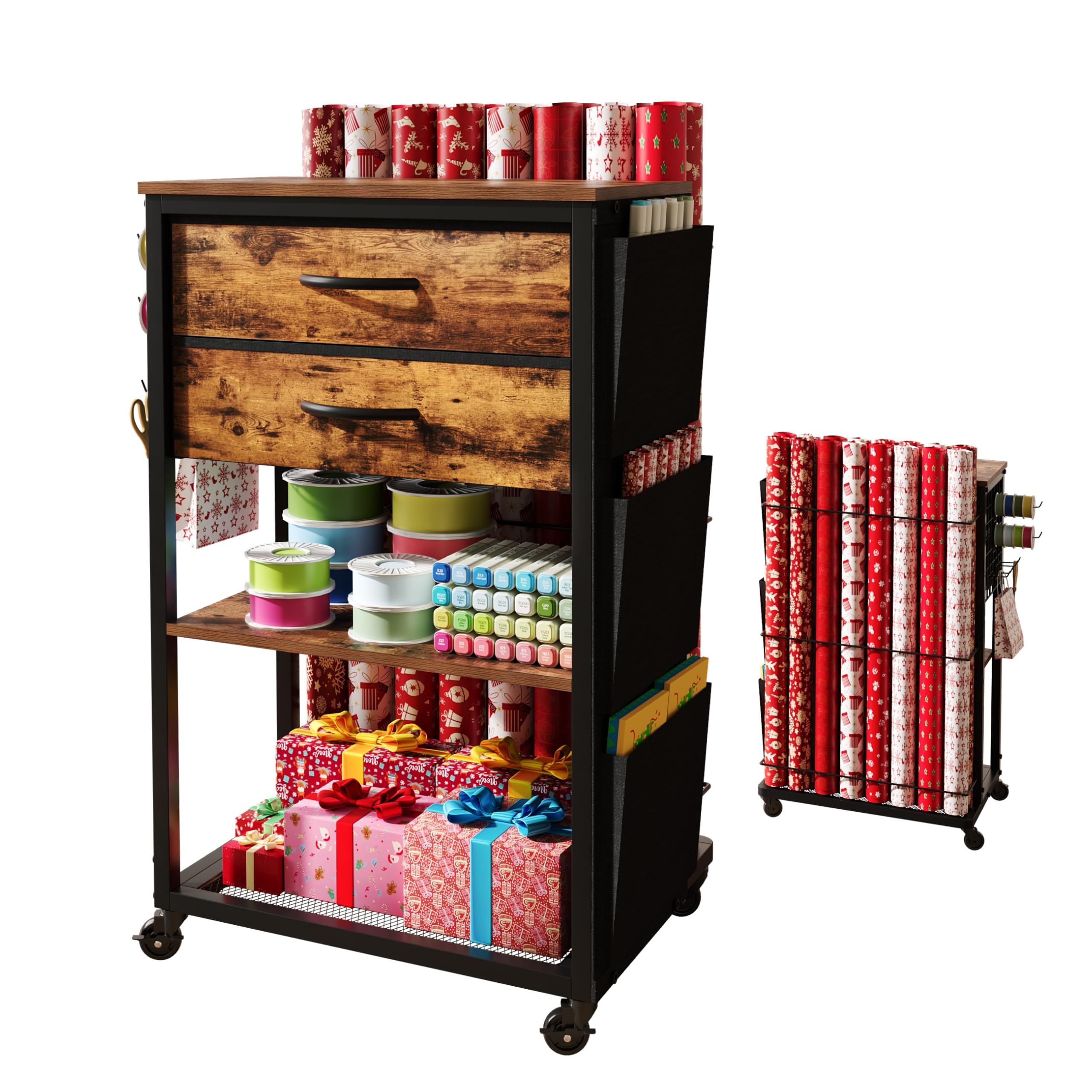 NinPeen Wrapping Paper Storage Cart with 2 Fabric Drawers,Gift Wrap Station with Ribbon and Gift Bage Storage,Rolling Craft Cart with Wrapping Paper Organizer Holder for Craft Office (Rustic Brown)