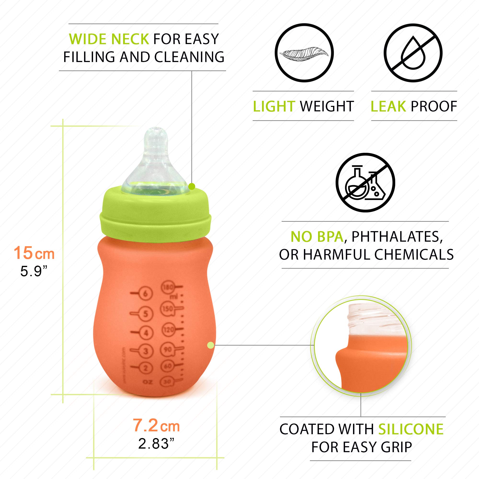 Dharma & Me VUVU Baby Feeding Bottle | Borosilicate Glass, Anticolic Silicone Nipple, 3M+ | BPA Free, Wide Neck, Leak Proof | 6oz/180ml, (Orange/Green, 4 Count + 2 Silicone Disc)