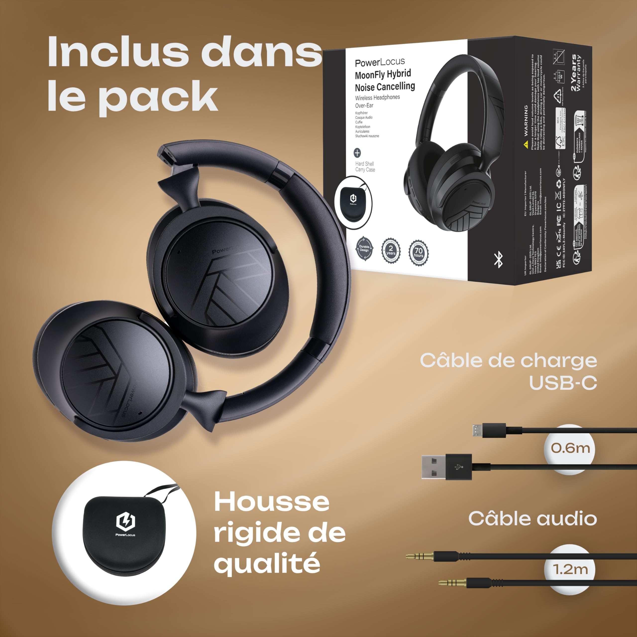 PowerLocus Casque Bluetooth Sans Fil à Réduction de Bruit Hybride, 70H d'Autonomie, Bluetooth 5.4, Basses Profondes, Casque Over-Ear Pliable, Oreillettes Confort et Connexion multipoint pour Voyage/TV
