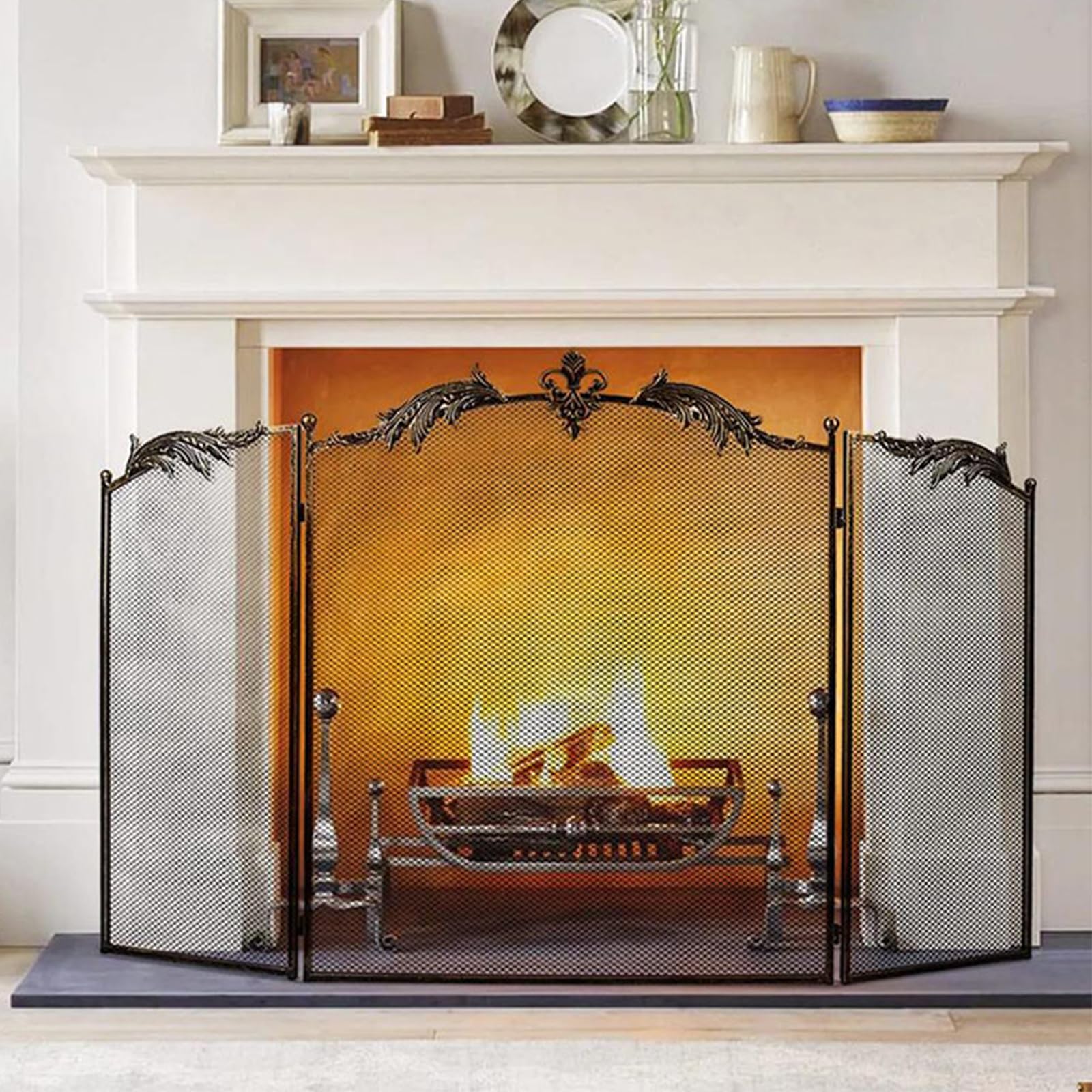 3-Panel Fireplace Screen, Folding, Protector Chimenea,Salvachispas Chimenea leña, Antichispas para Chimeneas de Leña,Rejilla Chimeneas Leña y Estufas, Chimenea Puerta de pie Malla Decorativa