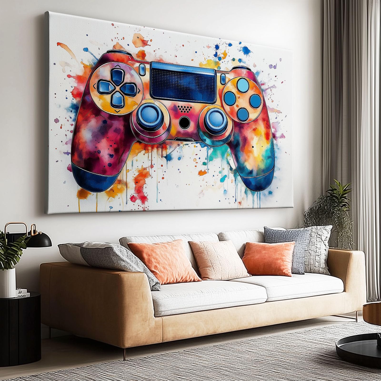 Générique Impression Sur Toile Encadrée Moderne Aquarelle Gaming Manette, Tableau sur toile Cadre Art Mural Peintures Murale Decoration Salle De Jeux Chambre Salle De Loisirs 120 x 80 cm