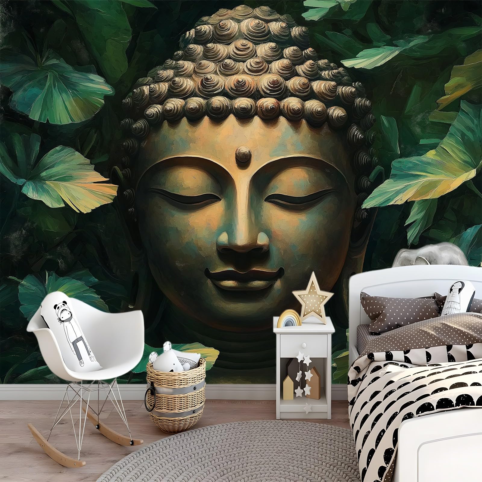 Panoramiczna tapeta tradycyjna Budda liście zielone złoto 200 x 140 cm (szer. x wys.), niestandardowy fresk 3D do salonu pokój dziecięcy restauracja dekoracja ścienna gigantyczny plakat ścienny