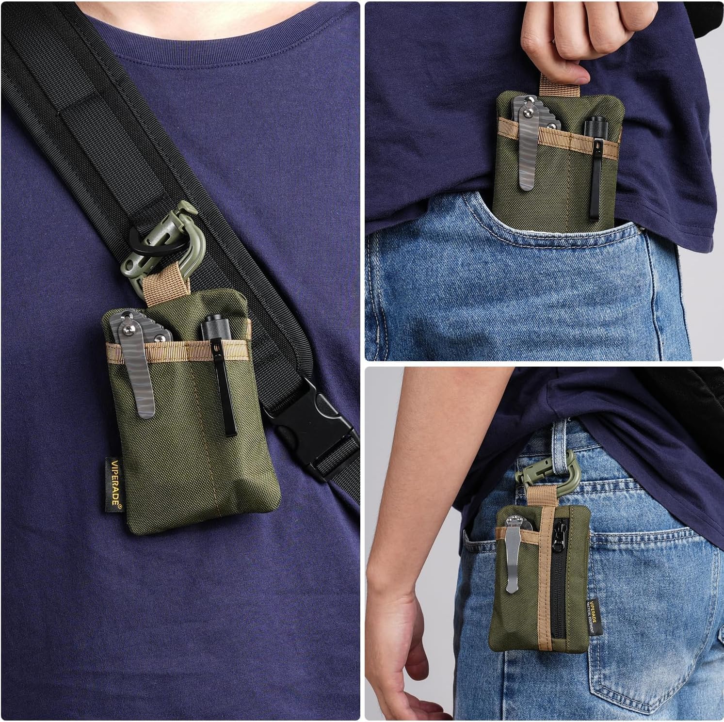 VIPERADE VE29 EDC Pouch Organizer With 3 Slots and Zipper Pocket for Everyday Carry Gears (Green/Tan) - Image 6