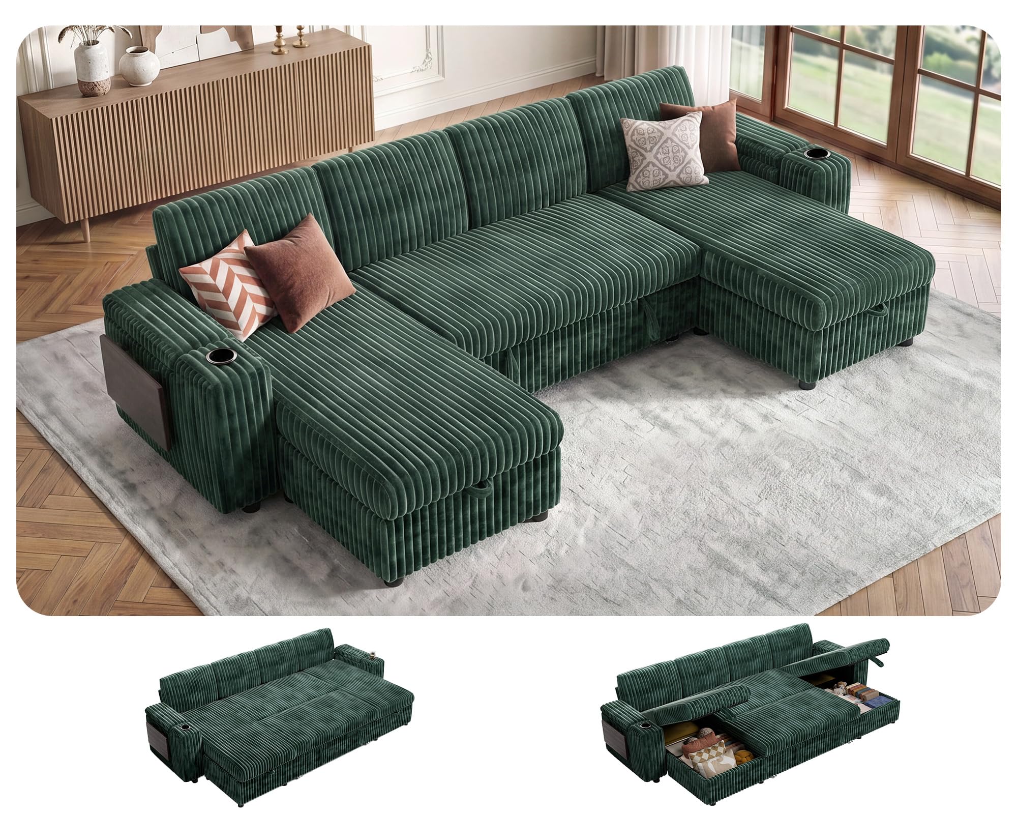 Condition photo showing Good Condition for incomplete: seat u shaped sectional sofa bed with pull out bed, 115'' corduroy modular sleeper couch with storage+usb port+cup holders+side table, large sectional couches for living room, tool free assembly