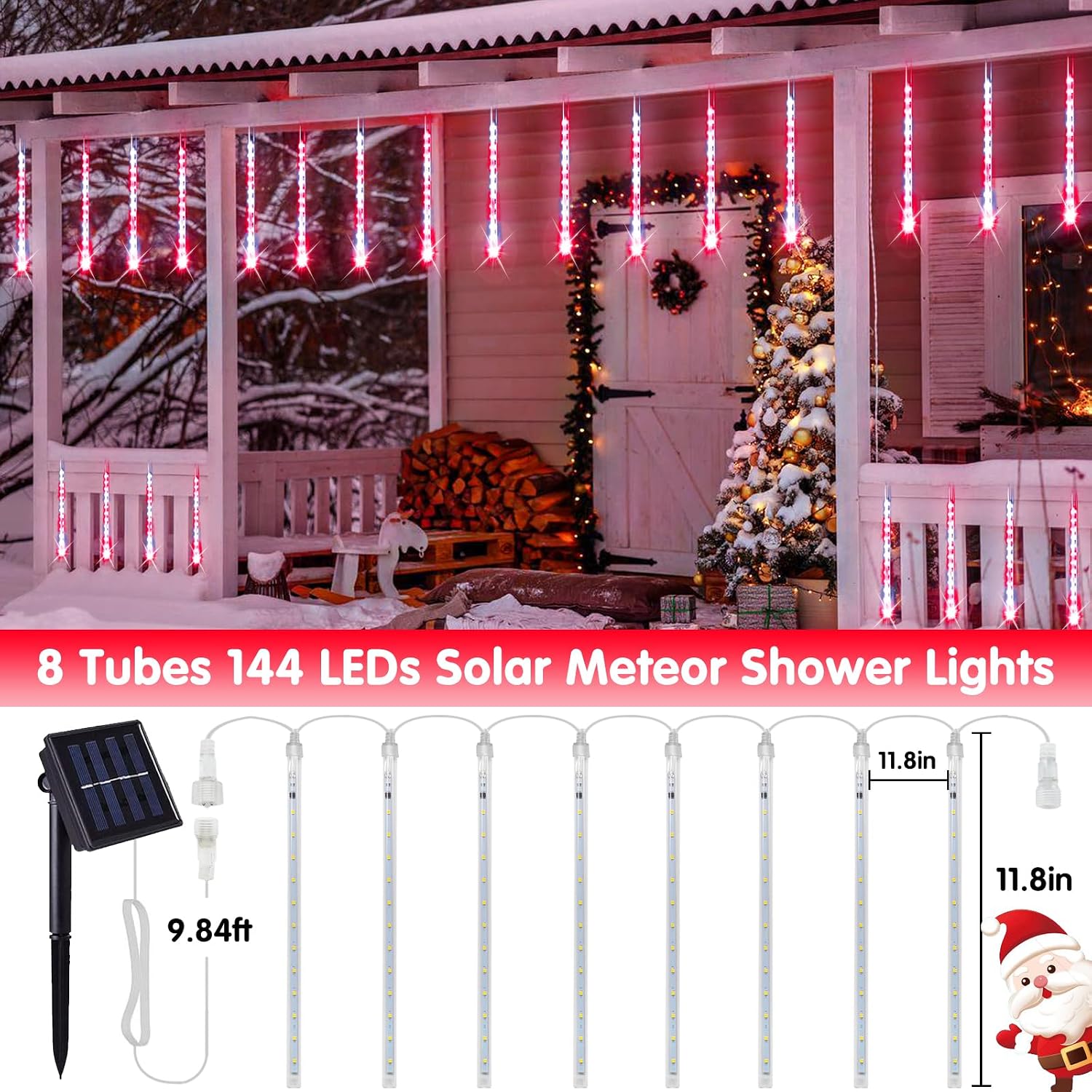 JMEXSUSS Red and White Solar Meteor Shower Rain Lights, 8 Tube 144 LED Solar Christmas Lights for Party Holiday Yard Patio Decorations