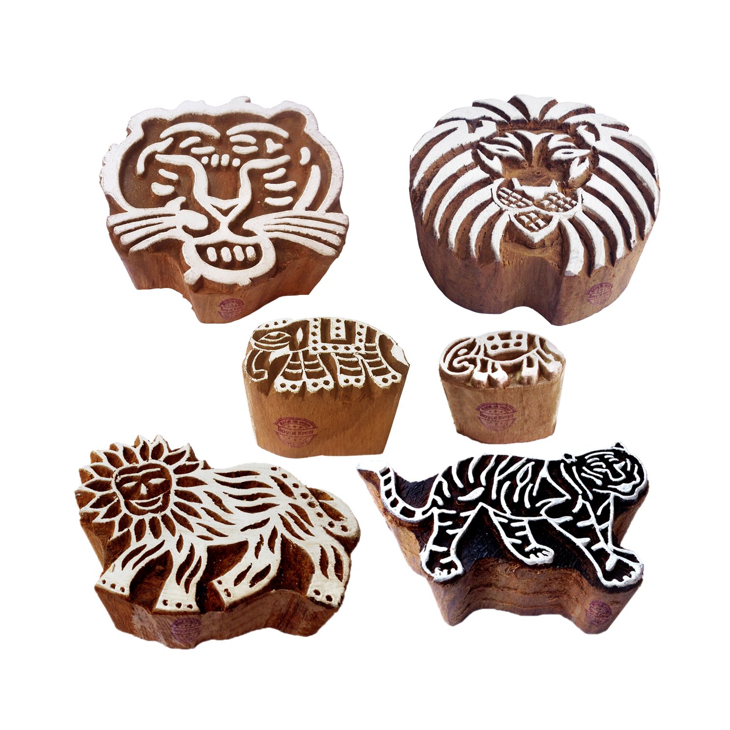 Textile Wooden Blocks Handmade Lion Tiger Design Printing Stamps (Set of 6) โ image 1