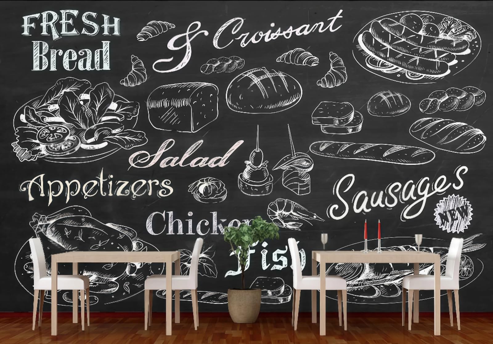 Rskjdghshd 3D Wallpaper Blackboard Hand-Painted Bread Dessert Fried Chicken Shop Casual Afternoon Tea Drink Shop Background Wall Western Restaurant Wallpaper Cafe Mural,,350X245cm