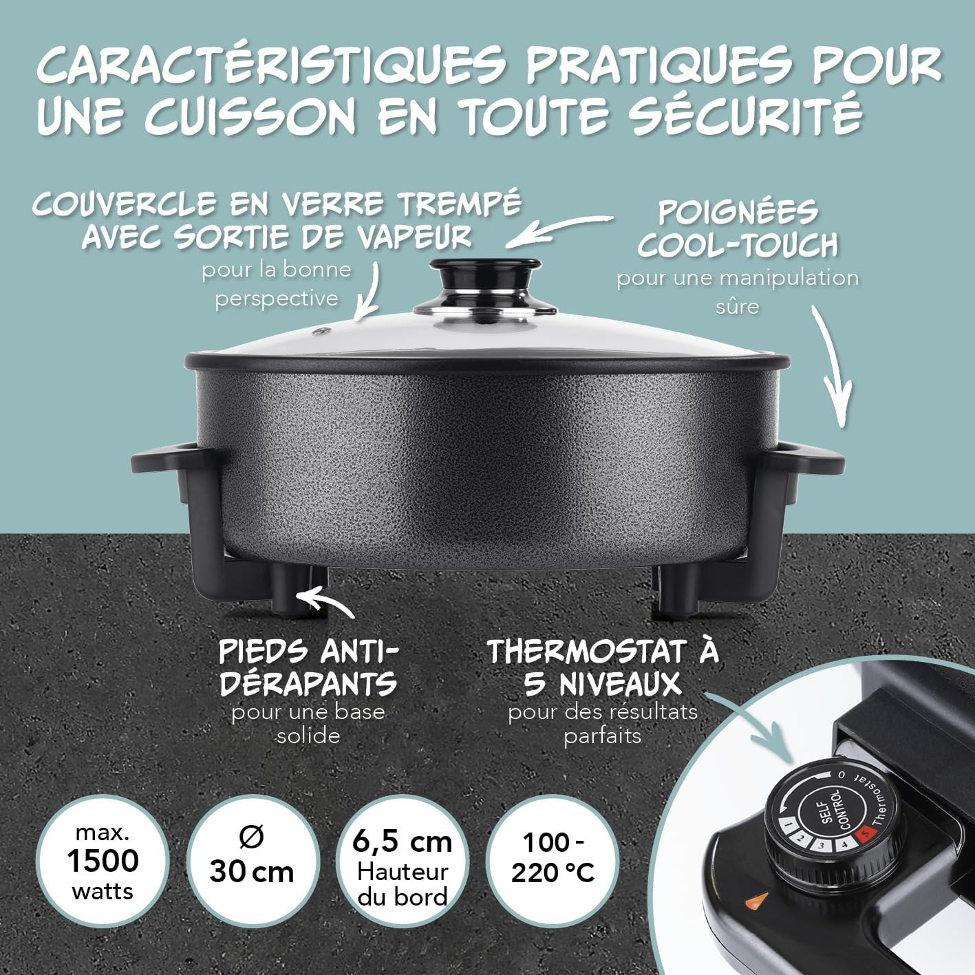 GOURMETmaxx Casserole à pizza électrique avec thermostat, couvercle en verre et revêtement antiadhésif, poêle multifonction avec diamètre 30 cm et 1500 W, idéale pour les fêtes