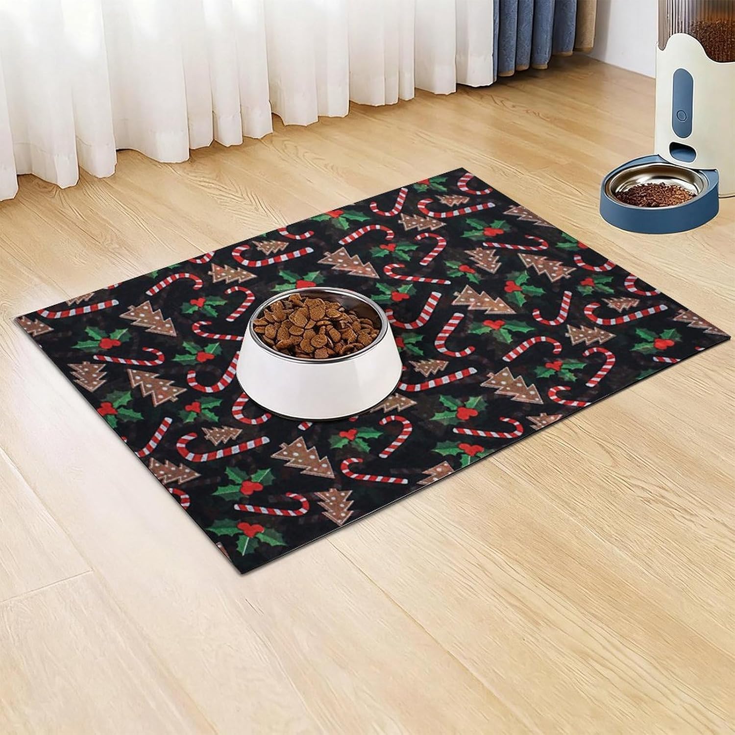 Christmas Tree Black Pet Cat Dog Food Mat Non Slip Mat Water Bowl Mat Quick Dry Cat Feeding Mat 12x20inch