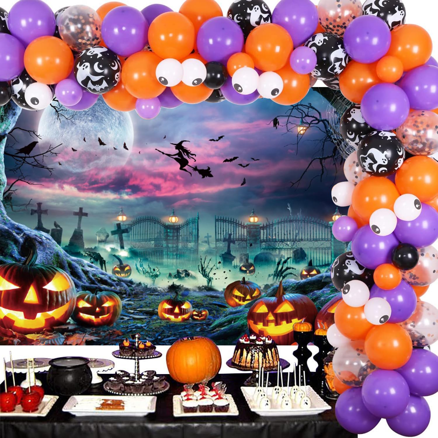 Spooky Halloween Path: Glowing Jack-O -Lanterns And Lanterns In A Lantern Night Full Moon Image396090459