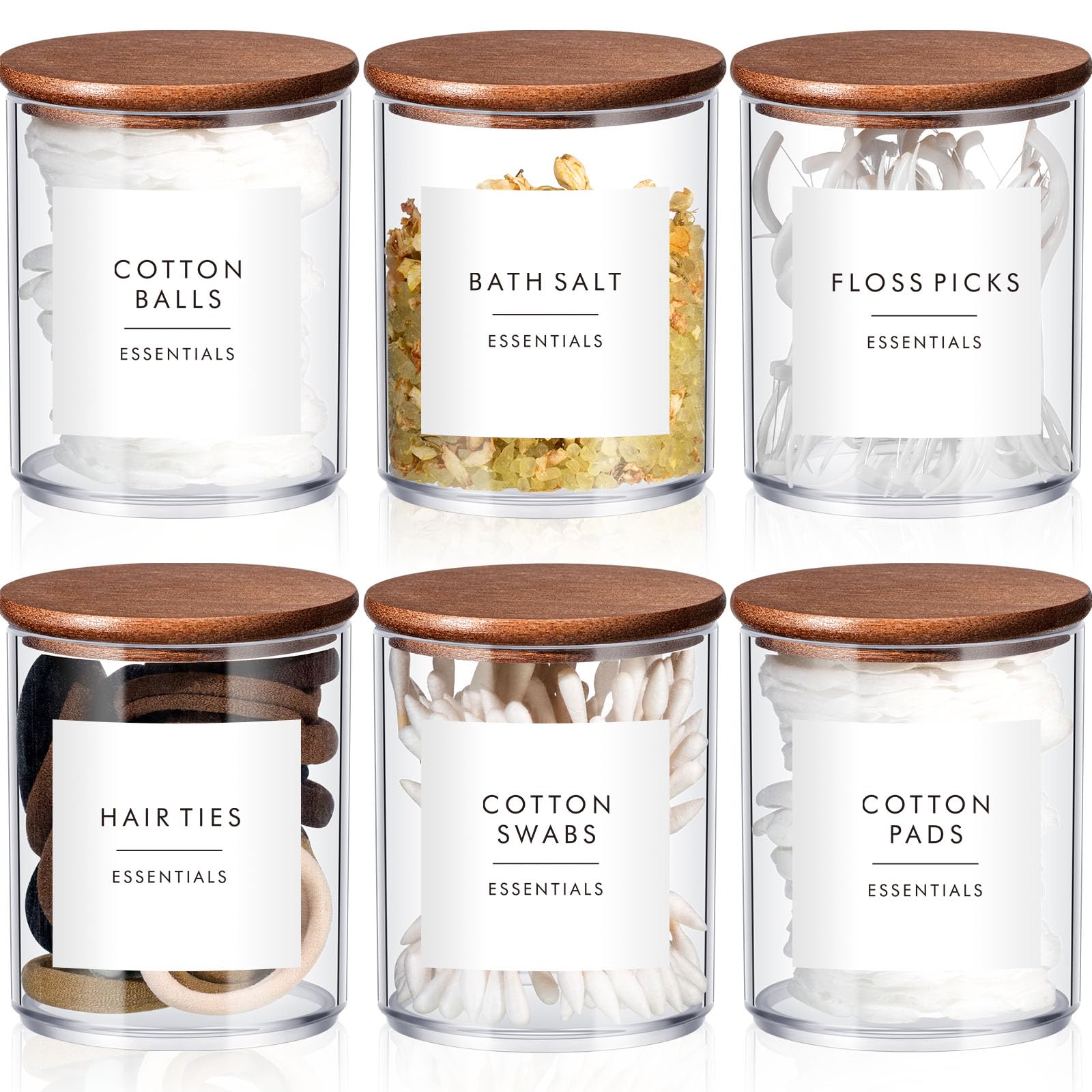 Yaomiao 6 Cotton Pad Holder Bathroom Container, 10 oz Cotton Ball Swabs Dispenser, Clear Plastic Apothecary Jar Organizer with Bamboo Lids for Storage