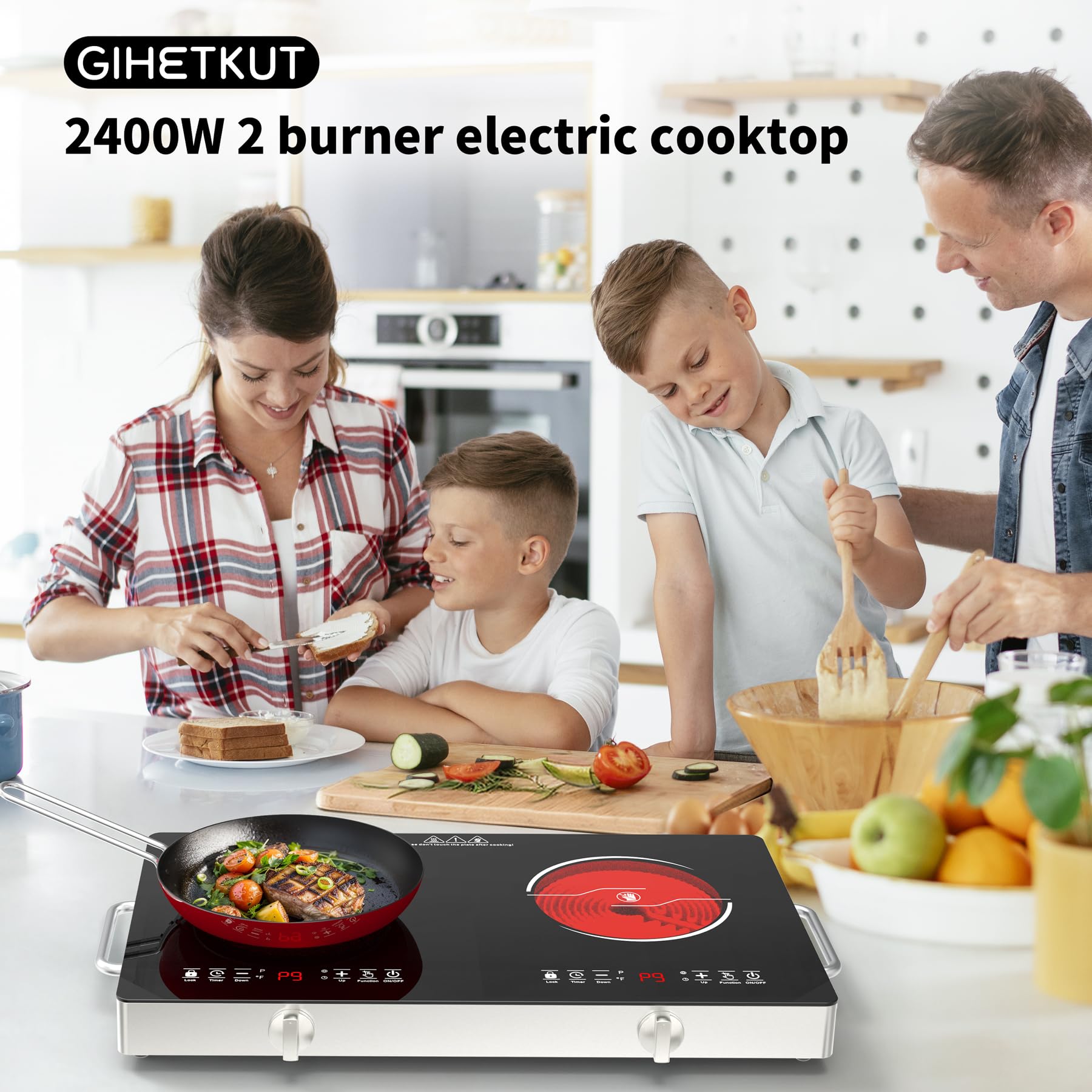 GIHETKUT Electric Cooktop,110V 2400W Stove top, Countertop Cooktop with 9 Power Levels, Child Safety Lock, Timer,Knob and Touch Control 2 burner Electric cooktop LED Display