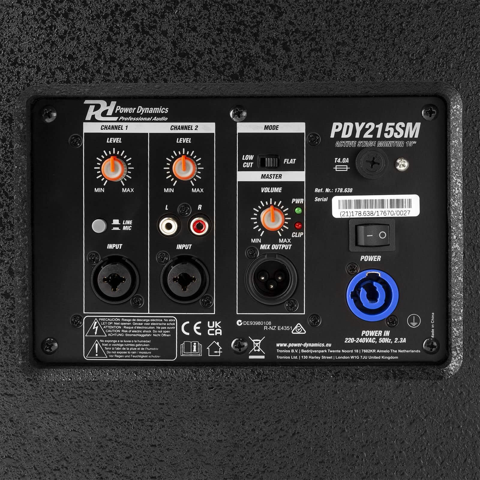 Power Dynamics PDY215SM Boden Monitor 800 Watt, aktiver Bühnen Monitor, Active Stage Lautsprecher- 400W RMS Bi-Amp 2-Way Wedge Speaker, integriertem Mixer für Live-Musik & DJ-Auftritte, Schwarz