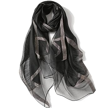 QXIYUAN Women Mulberry Silk Scarf Black Lightweight Light